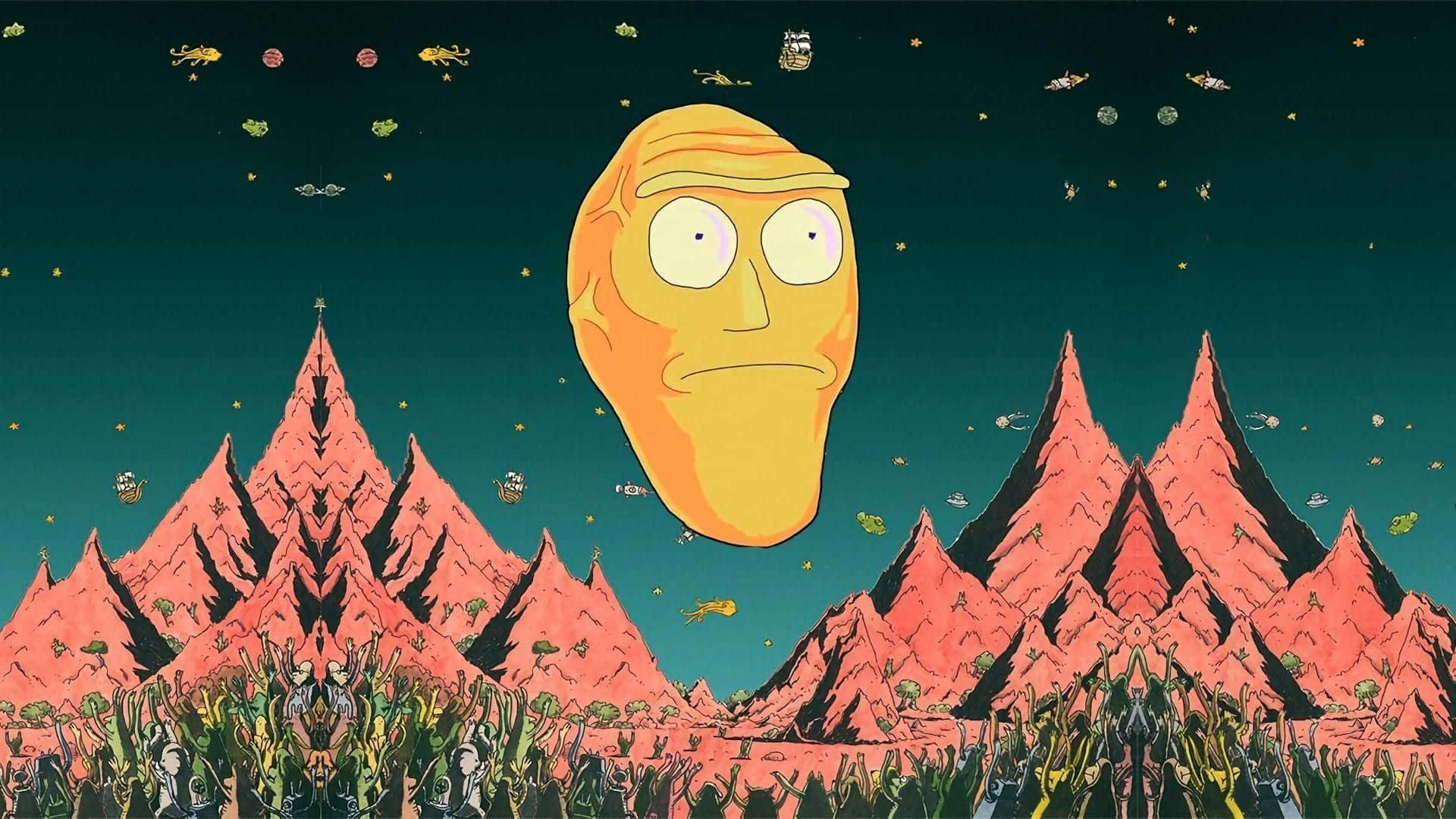 Rick And Morty, yellow face, pink mountains, Full HD Desktop Wallpaper