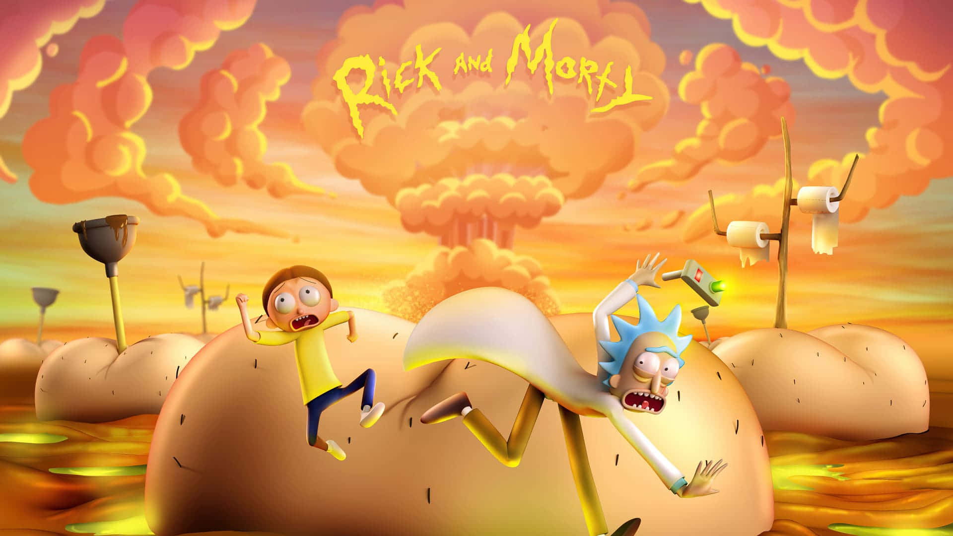 Rick and Morty, giant potatoes, fiery orange sky, Full HD Desktop Wallpaper
