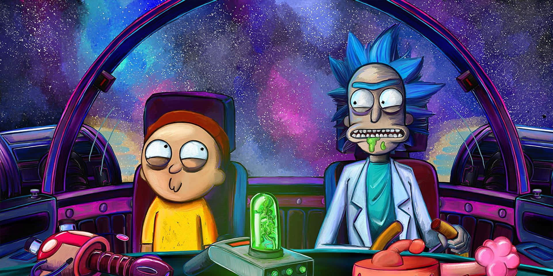 Rick And Morty, spaceship cockpit, cosmic nebula, Full HD Desktop Wallpaper