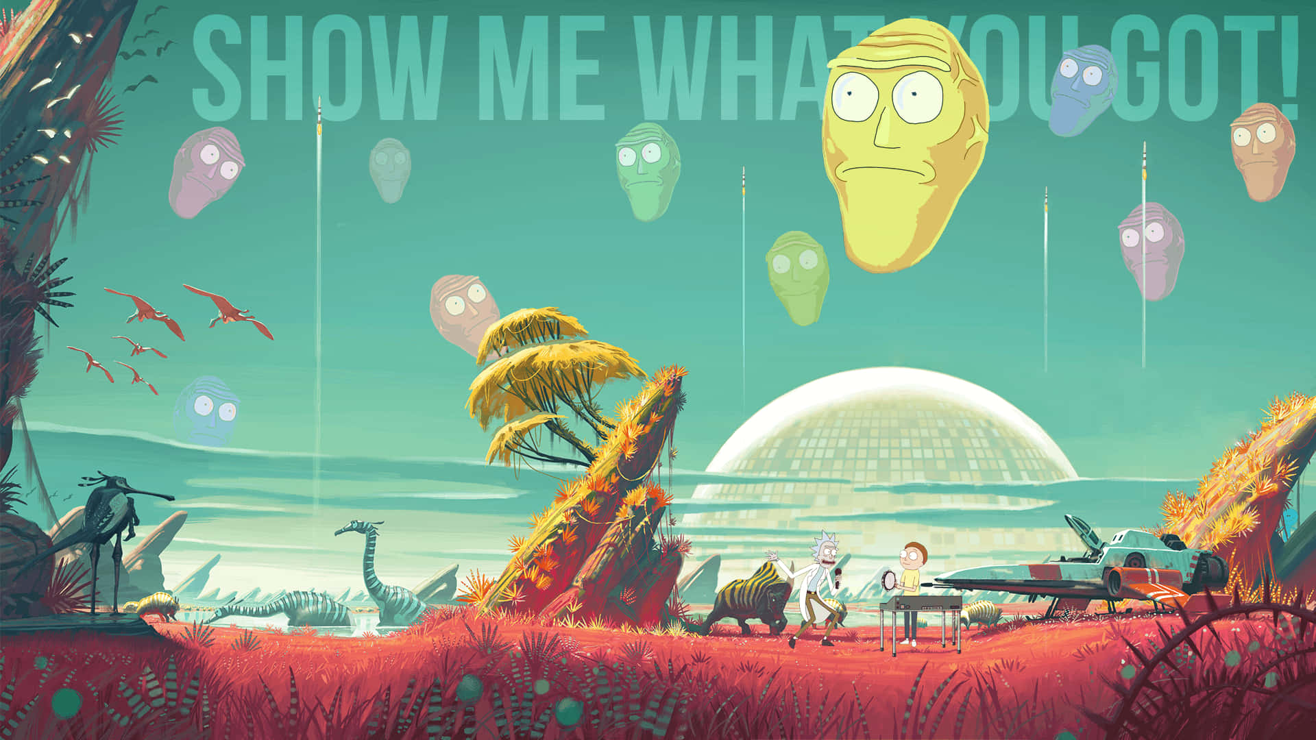 Rick And Morty, surreal alien planet, floating heads dinosaurs, Full HD Desktop Wallpaper