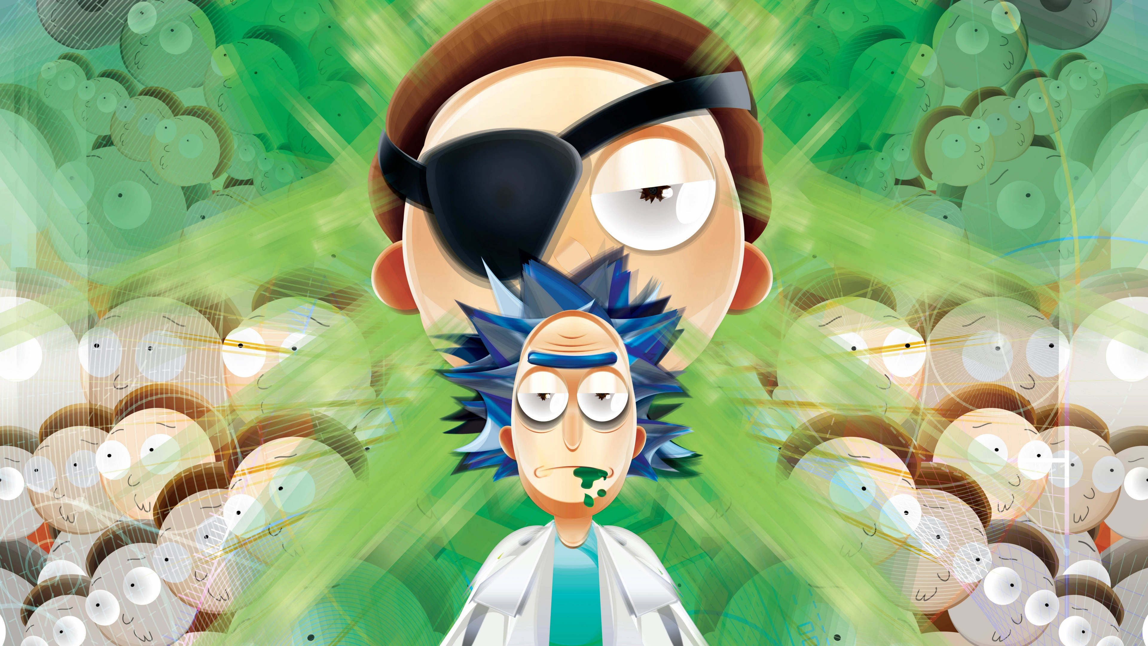 Rick And Morty, green energy bursts, floating faces, 4K Desktop Wallpaper