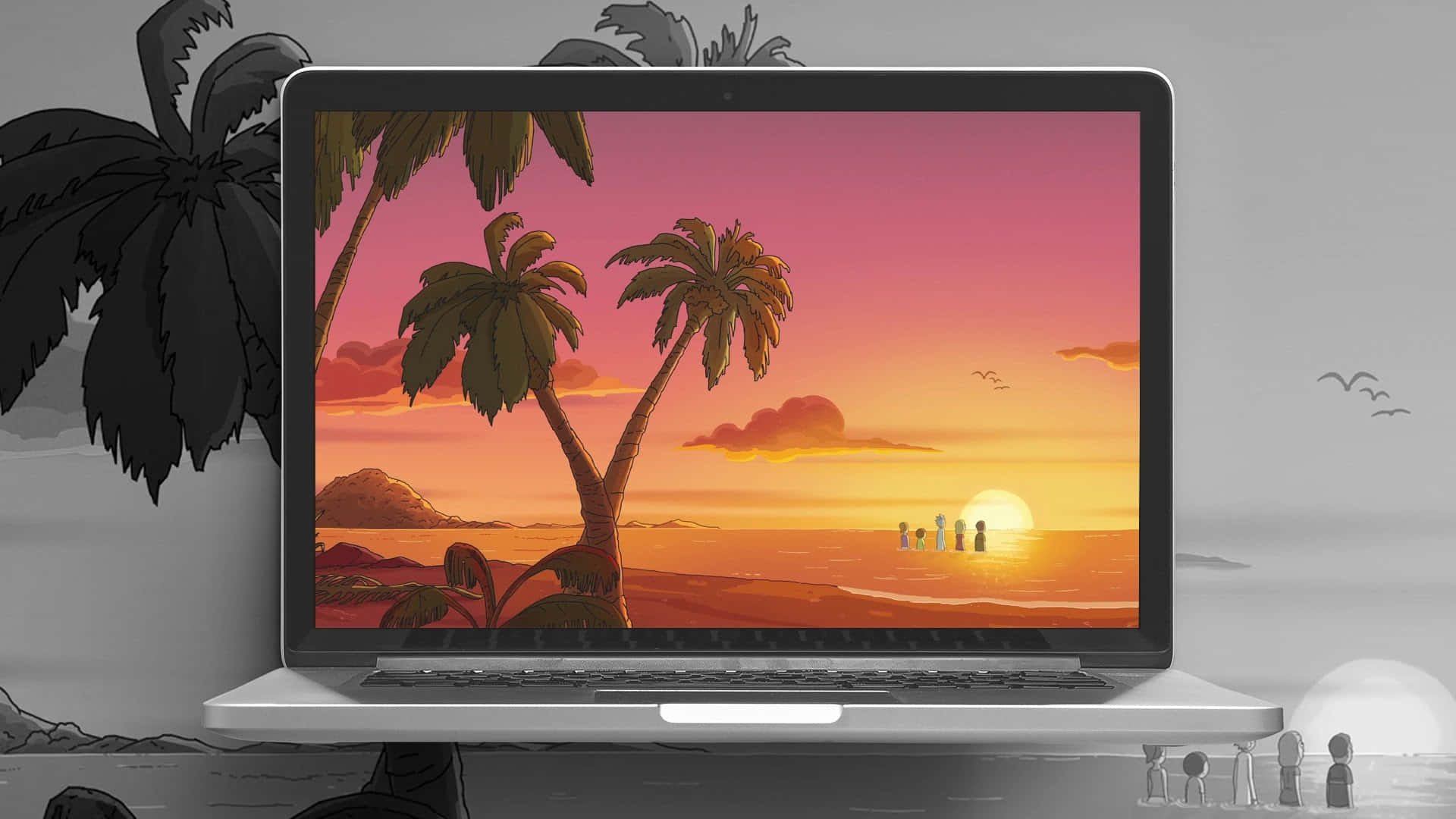 Rick and Morty, laptop, tropical sunset, Full HD Desktop Wallpaper