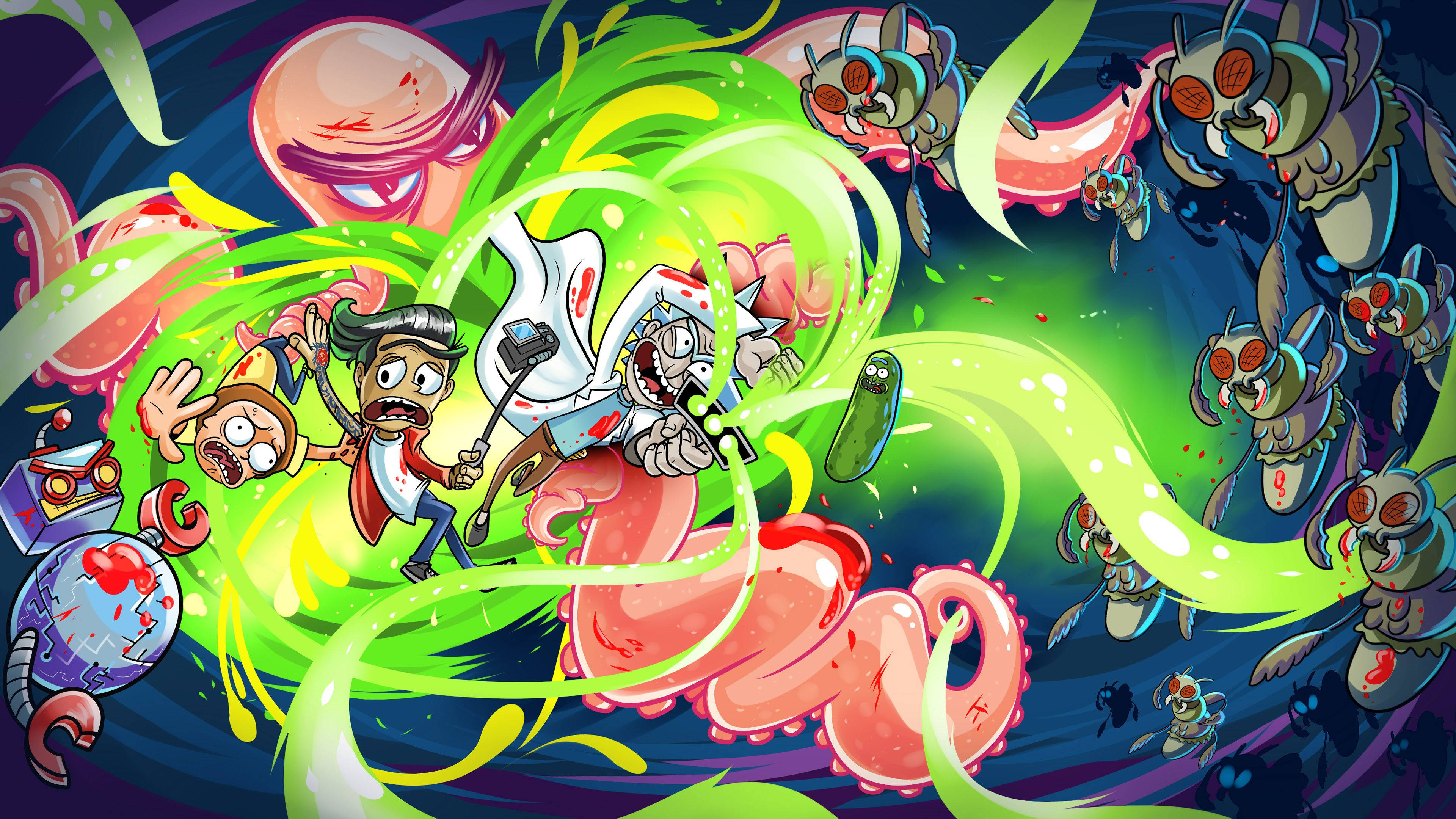 Rick And Morty, green aesthetic, neon-lit space, 4K Desktop Wallpaper