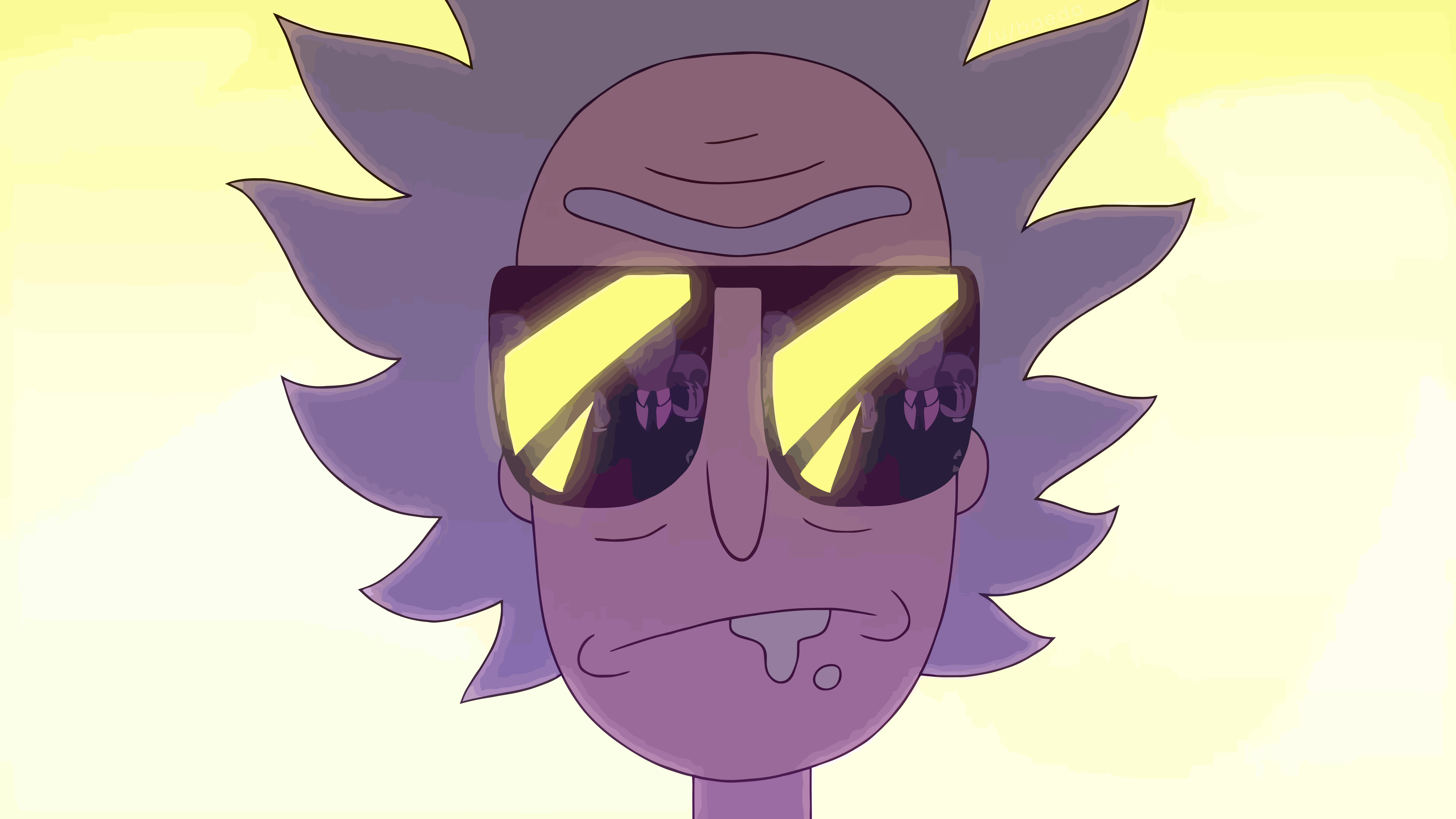 Rick And Morty, purple-haired animated character, yellow-tinted sunglasses, 8K Desktop Wallpaper
