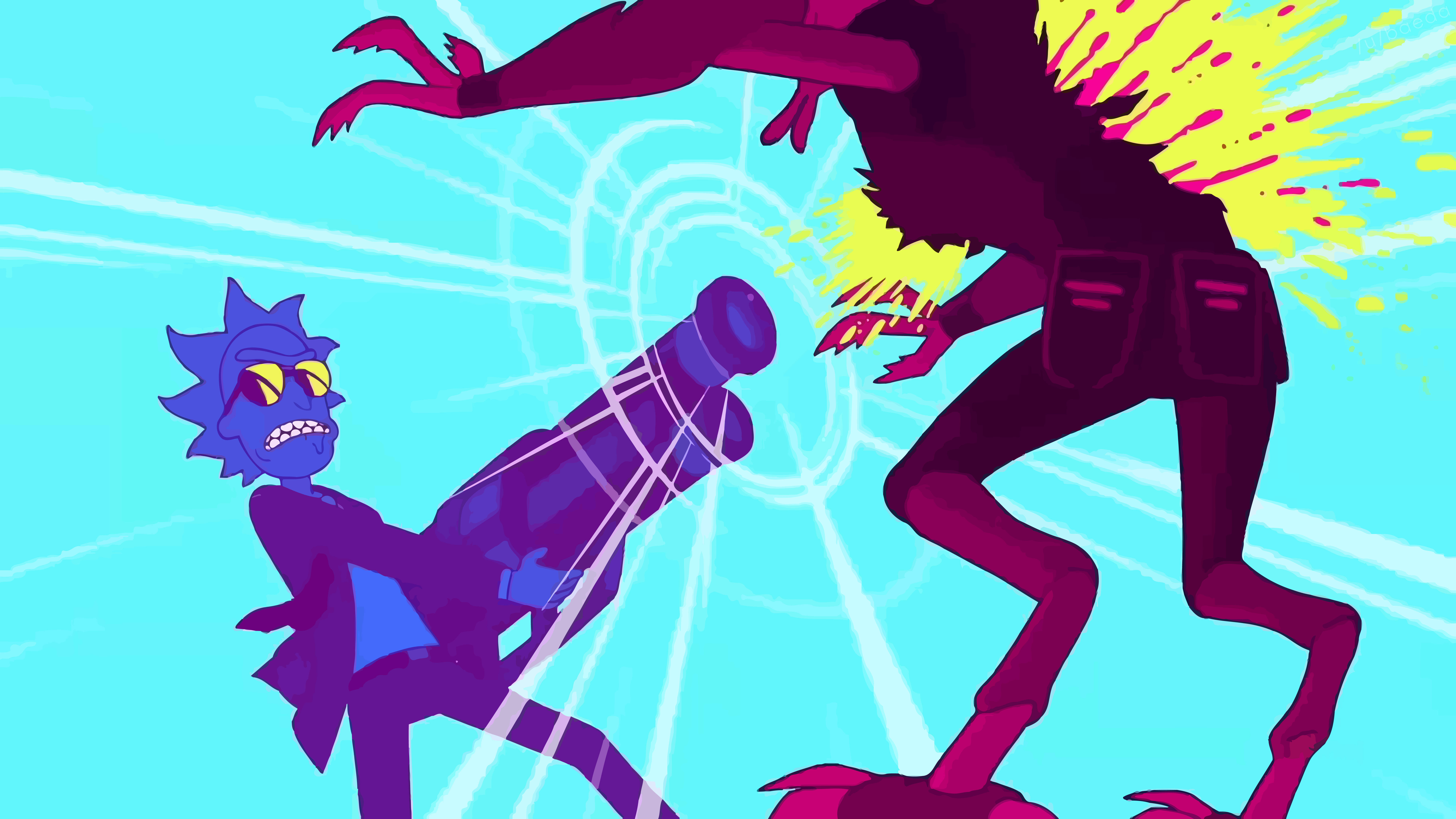 Rick And Morty, blue spiky-haired character, cannon, 8K Desktop Wallpaper