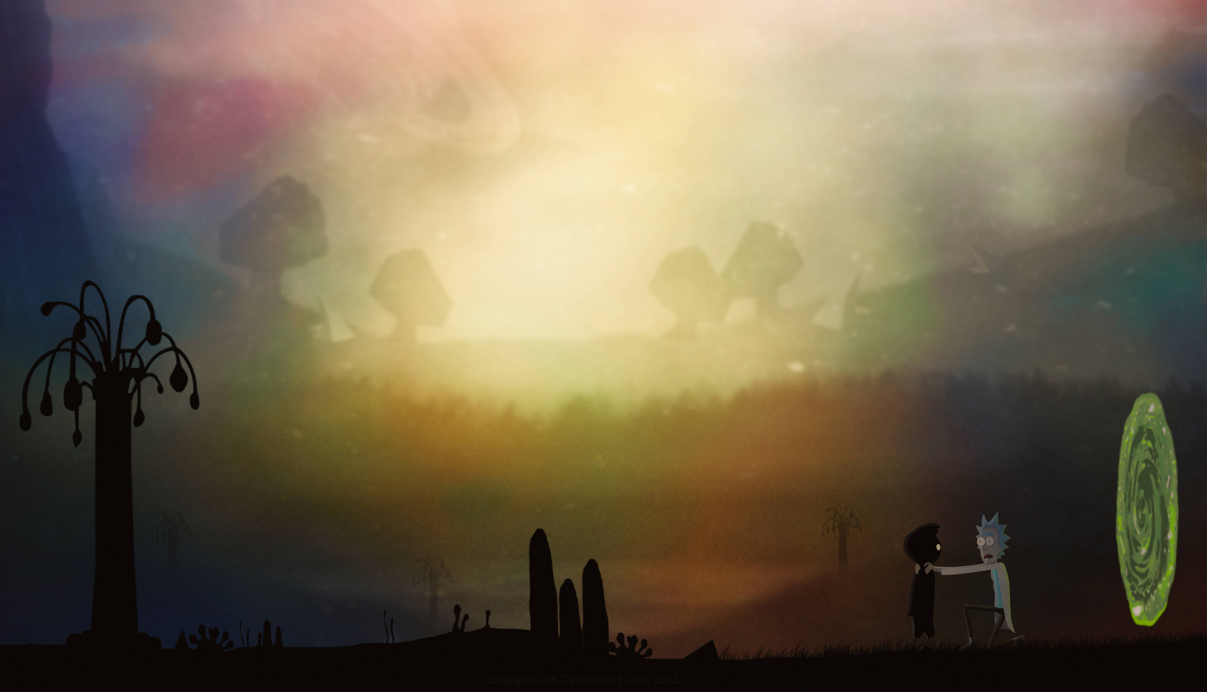 Rick And Morty, portal, surreal alien landscape, 4K Desktop Wallpaper