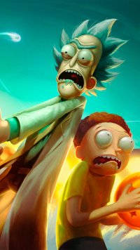 Rick And Morty, glowing teal and orange cosmic backdrop, flying spaceship, SD Phone Wallpaper
