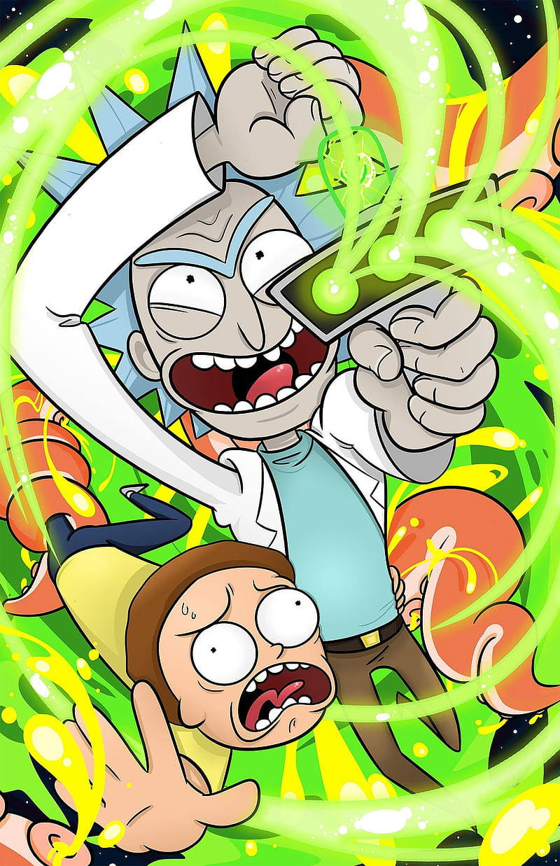 Rick and Morty, green energy vortex, shocked expressions, SD Phone Wallpaper