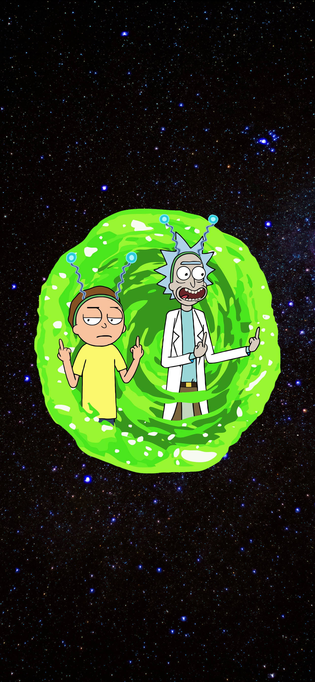 Rick And Morty, swirling green portal, starry cosmic backdrop, 2K Phone Wallpaper