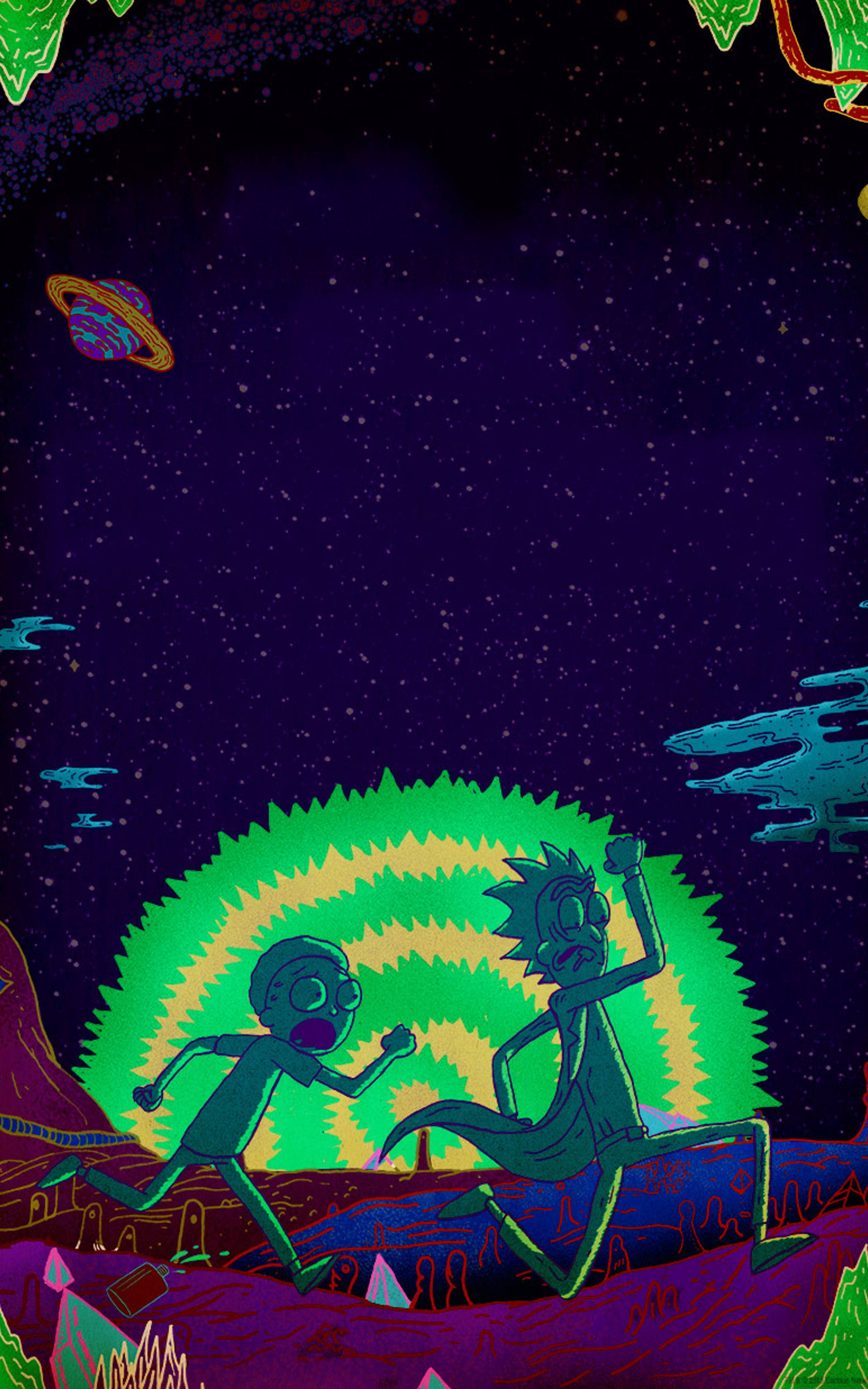 Rick And Morty, surreal alien landscape, starry purple sky, 4K Phone Wallpaper