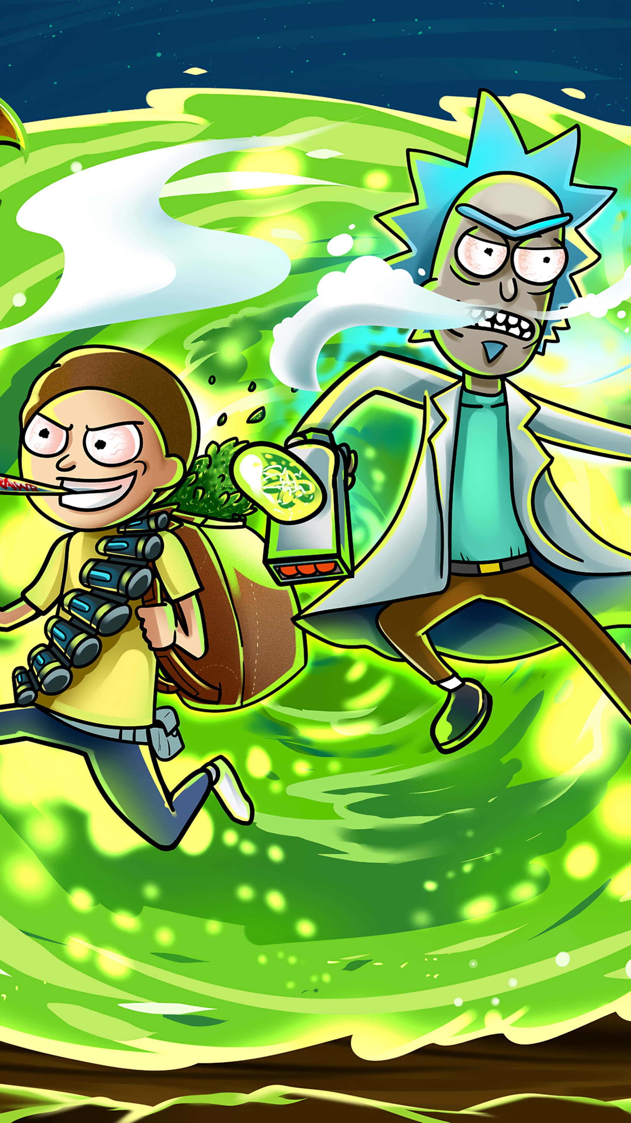 Rick And Morty, portal, green field, 4K Phone Wallpaper