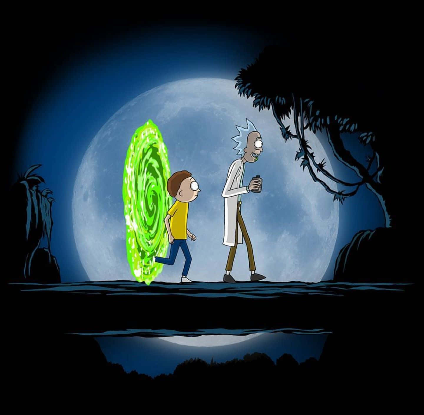Rick And Morty, glowing green portal, massive moon, HD Desktop Wallpaper