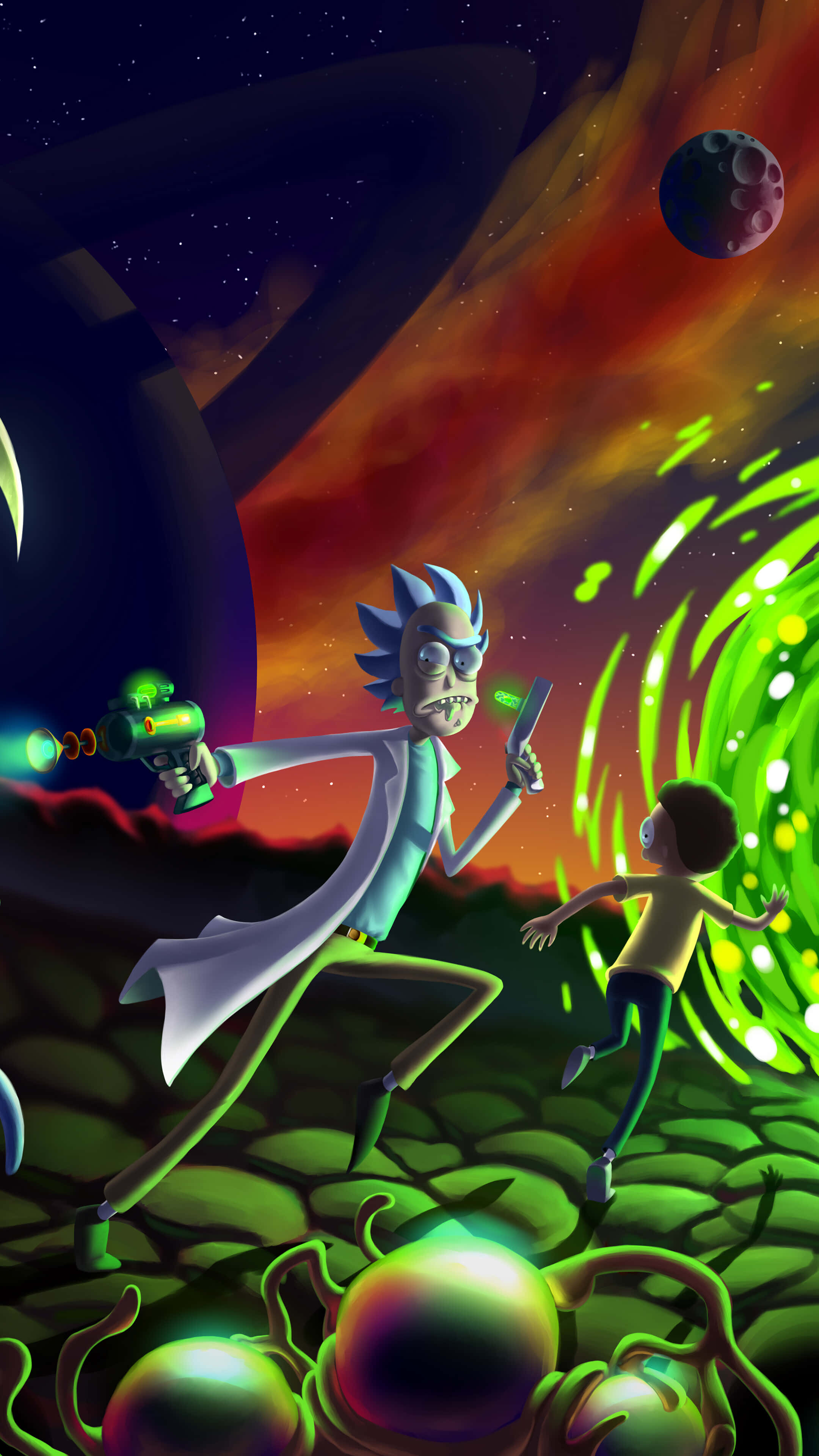 Rick And Morty, portal, surreal alien landscape, 4K Phone Wallpaper