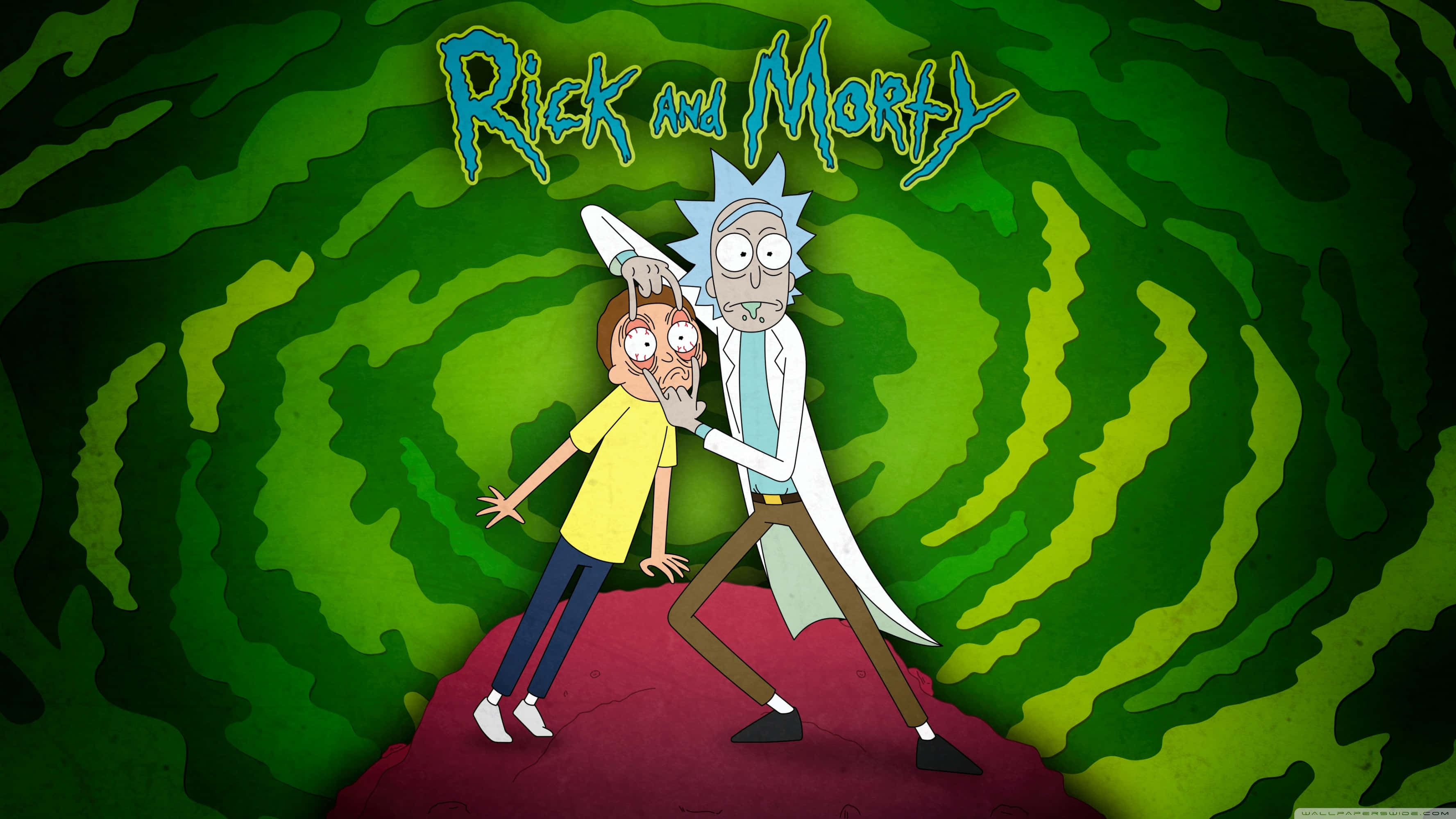 Rick And Morty, red platform, swirling green vortex, 2K Desktop Wallpaper
