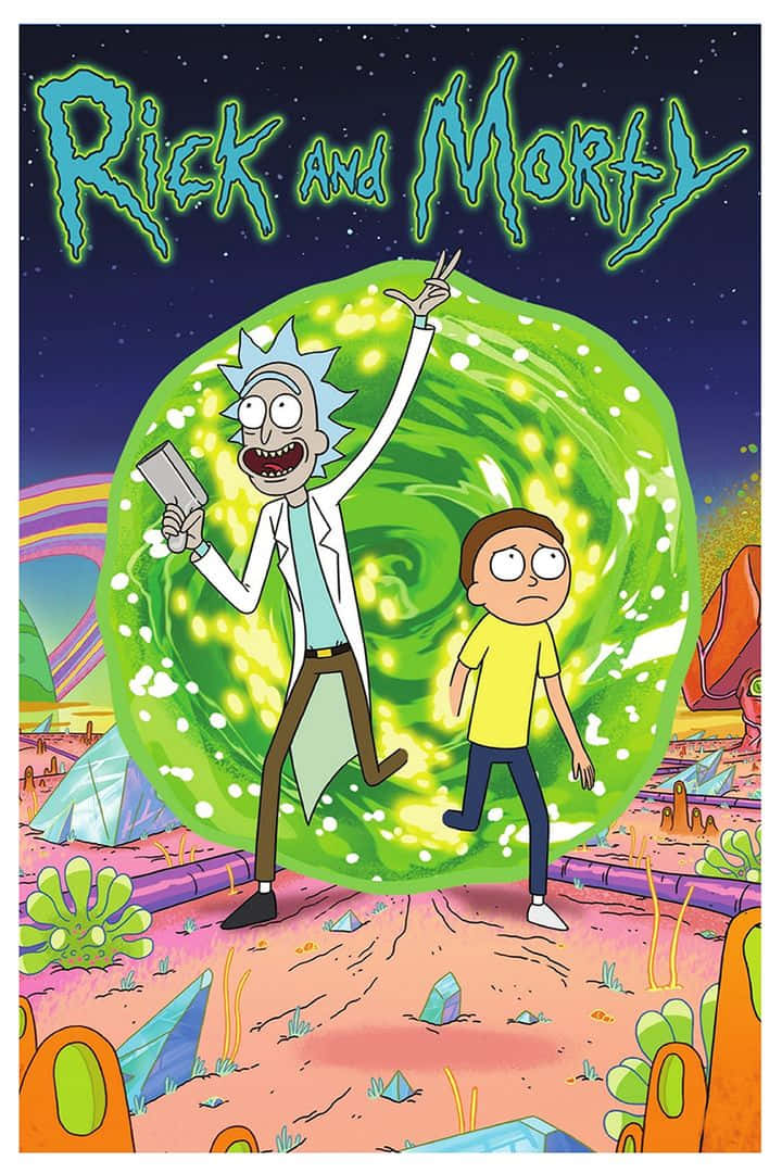 Rick and Morty, swirling green portal, colorful alien landscape, SD Phone Wallpaper