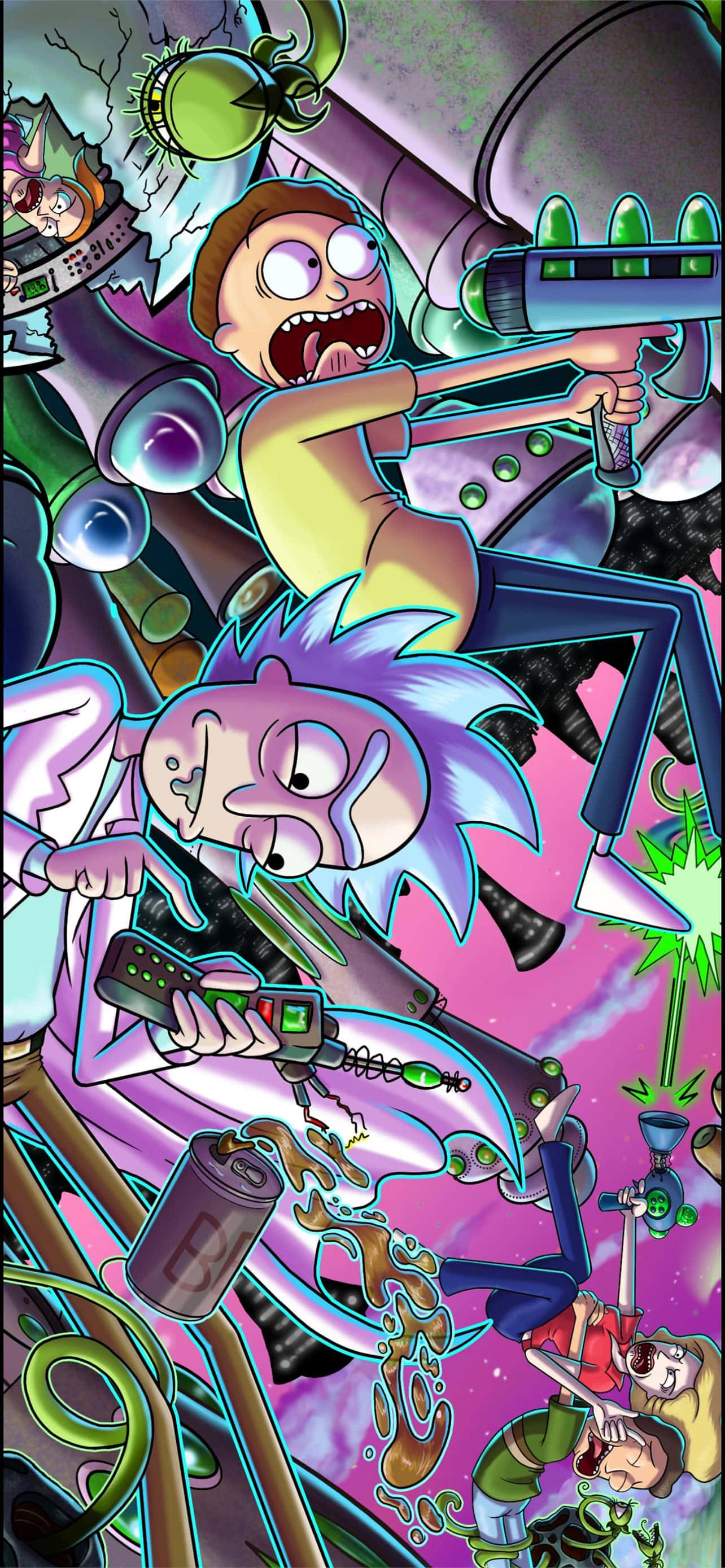 Rick and Morty, chaotic sci-fi lab explosion, glowing tubes, 2K Phone Wallpaper