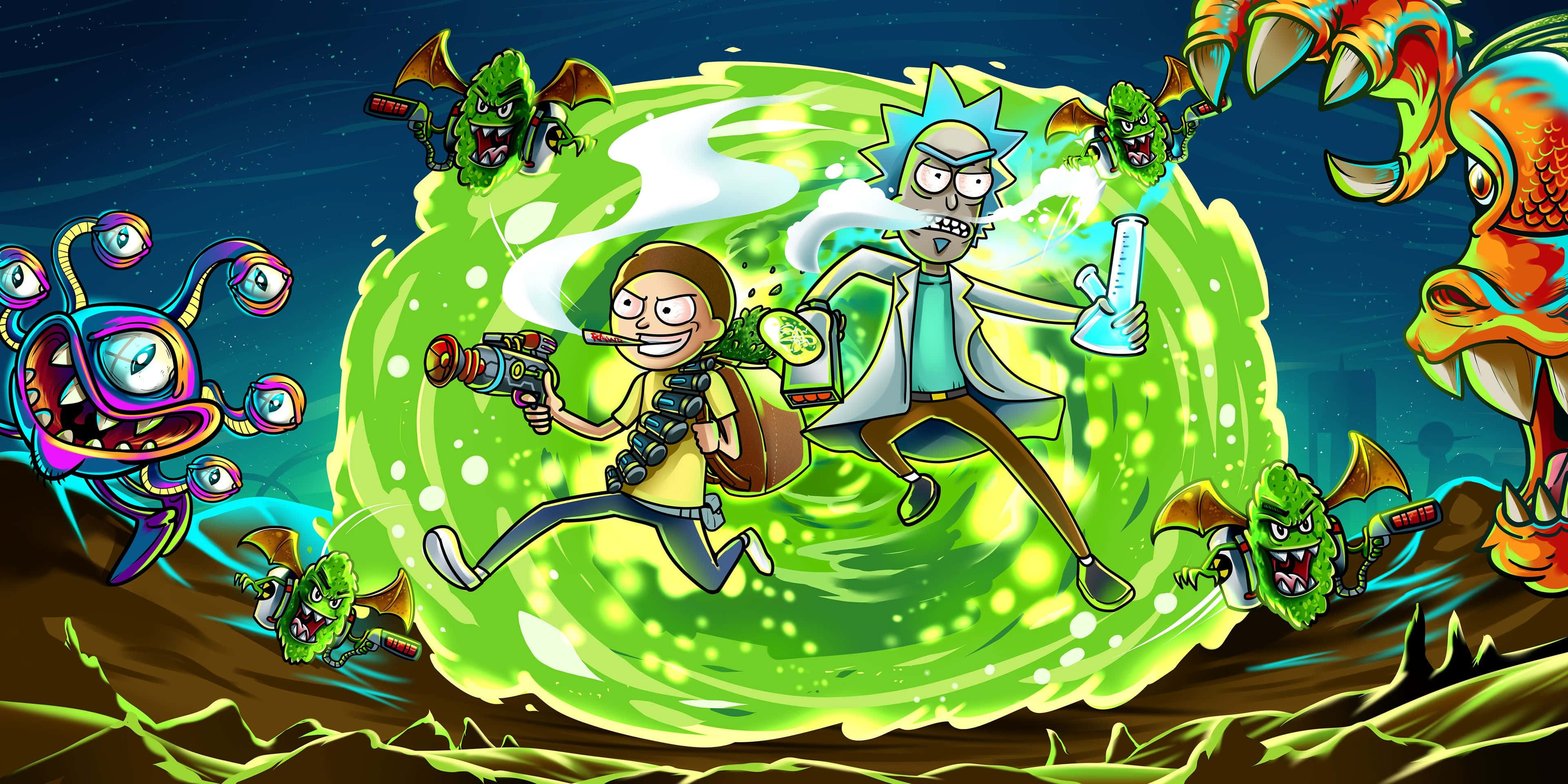 Rick and Morty, swirling green portal, bizarre alien creatures, 4K Desktop Wallpaper