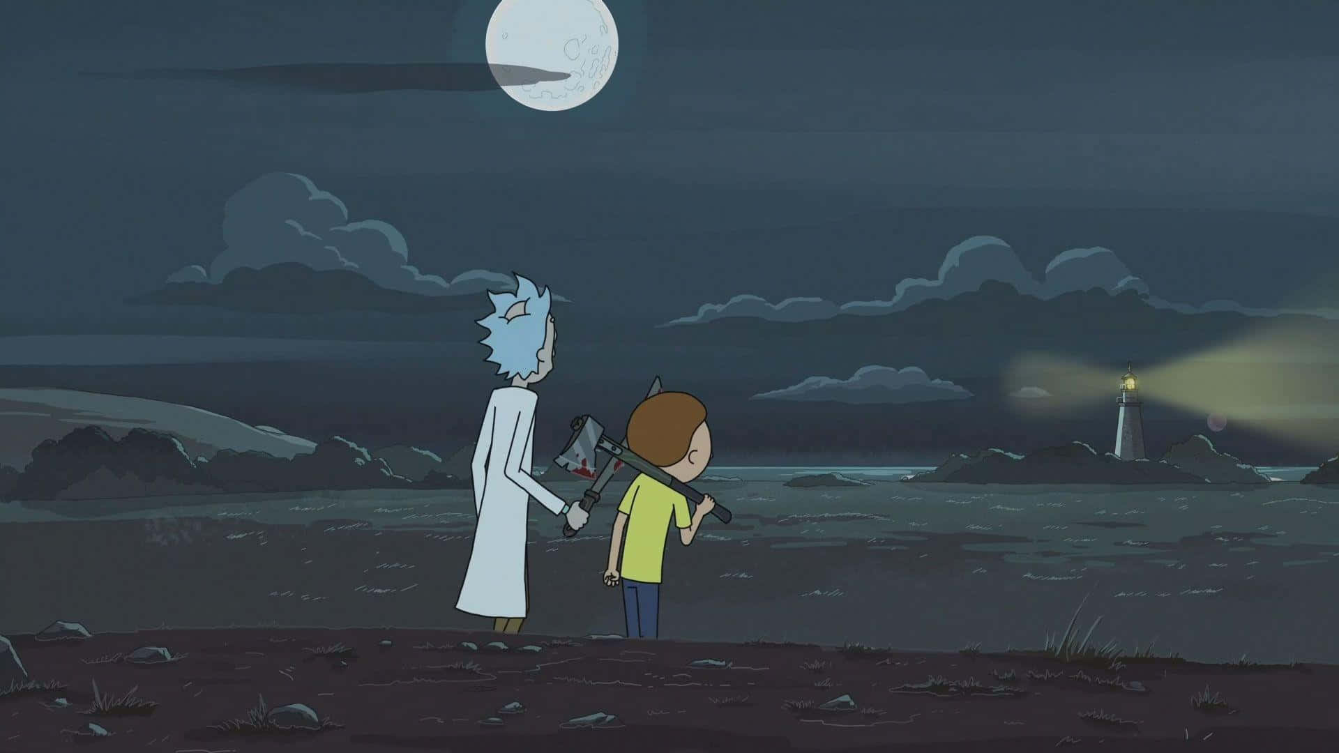 Rick and Morty, moonlight, rocky shore, Full HD Desktop Wallpaper