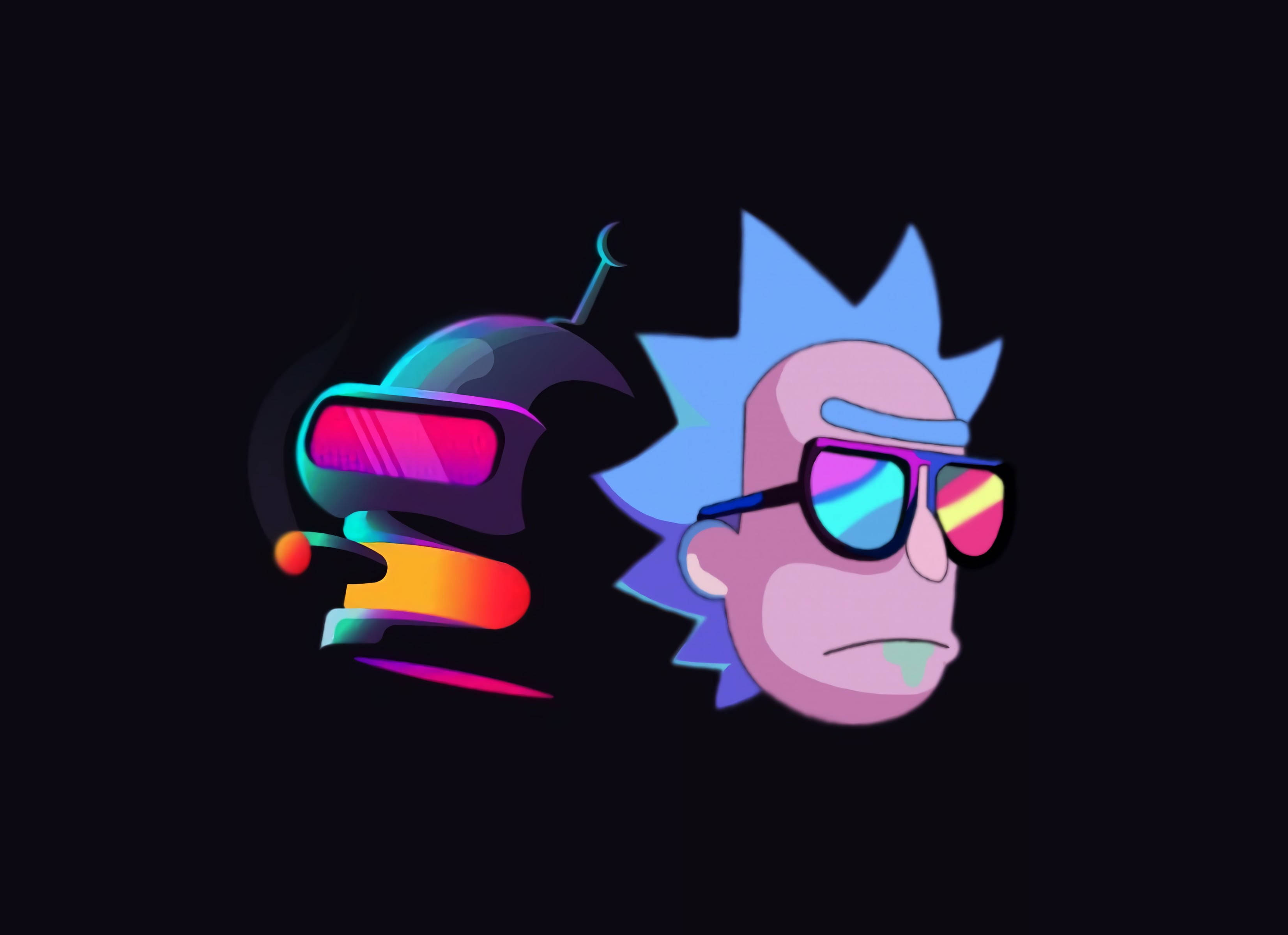 Rick and Morty, neon sunglasses, black background, 2K Desktop Wallpaper