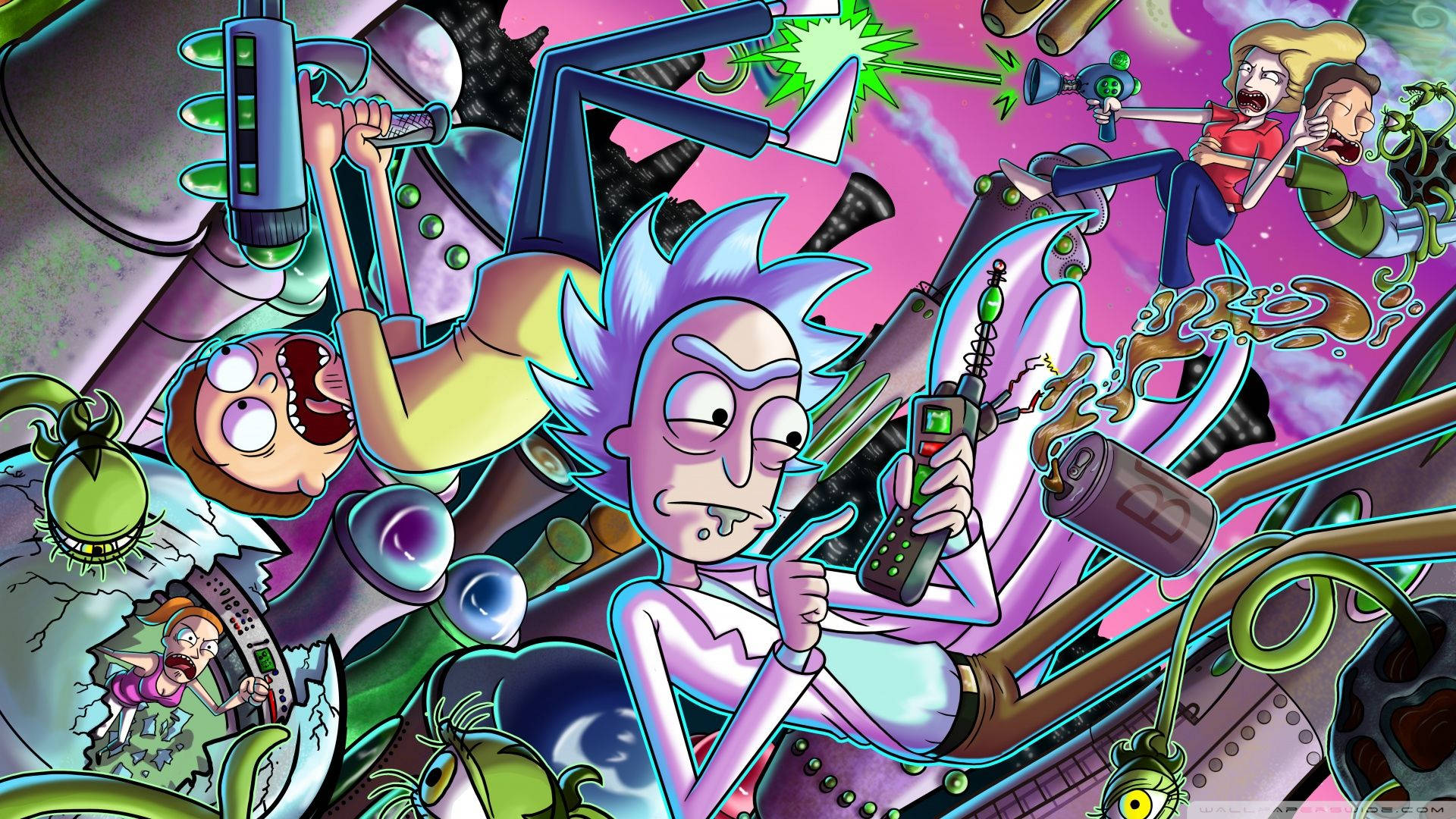Rick And Morty, chaotic sci-fi scene, vibrant neon colors, Full HD Desktop Wallpaper