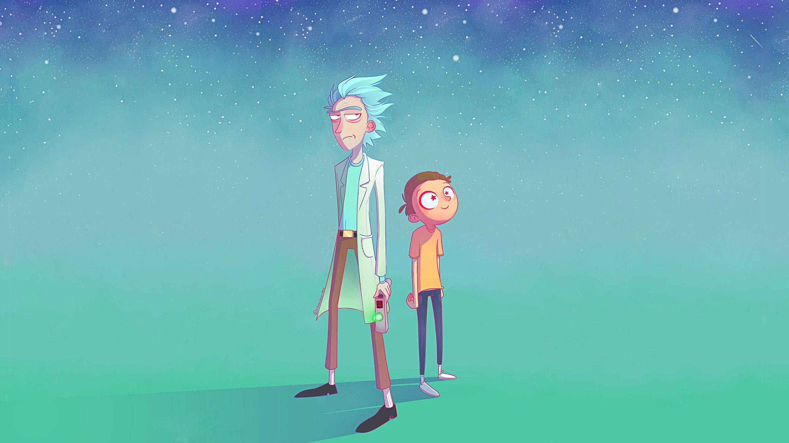 Rick And Morty, starry cosmic sky, gradient teal and purple hues, 2K Desktop Wallpaper