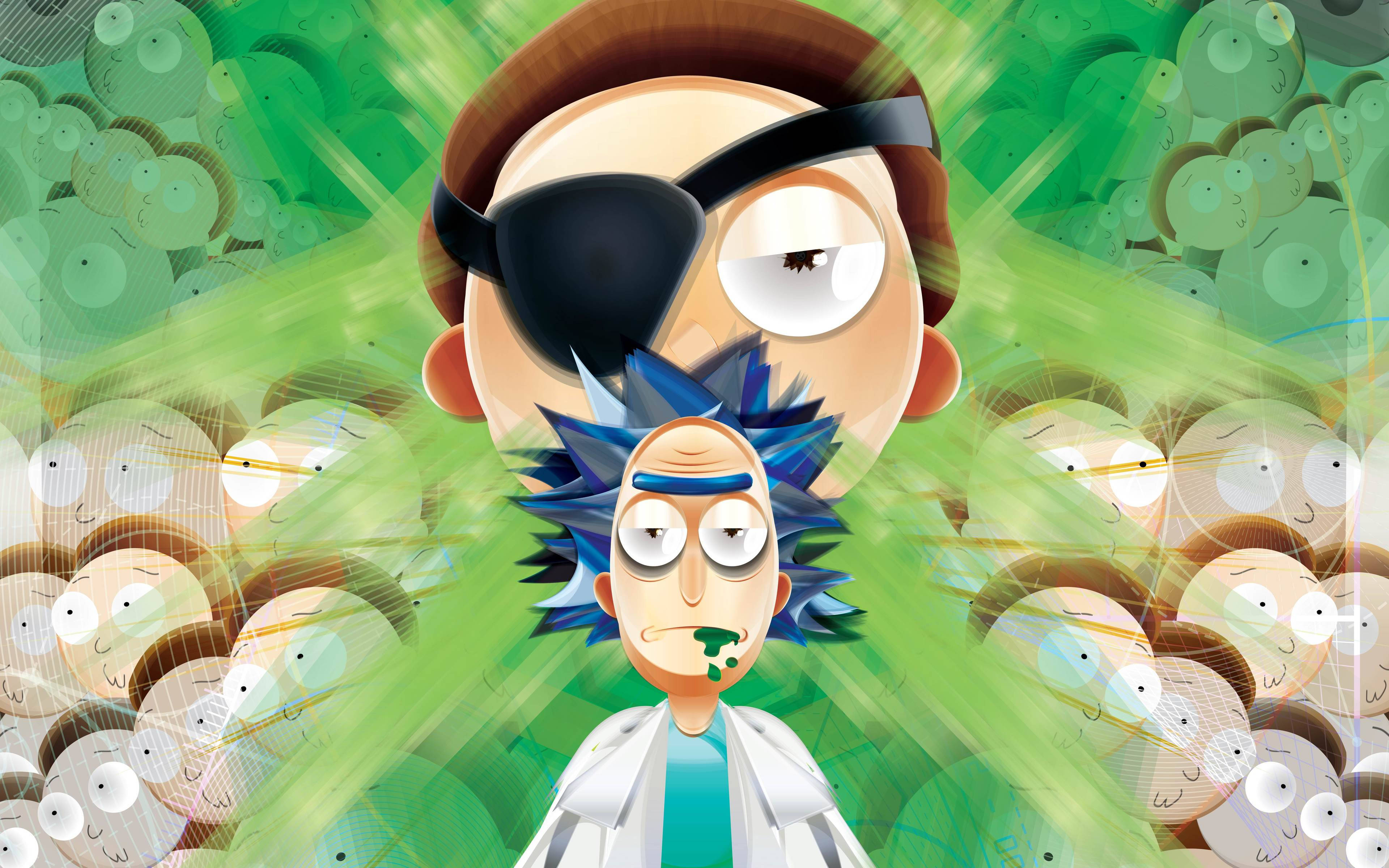 Rick And Morty, 4K Fanart, swirling green background, 4K Desktop Wallpaper