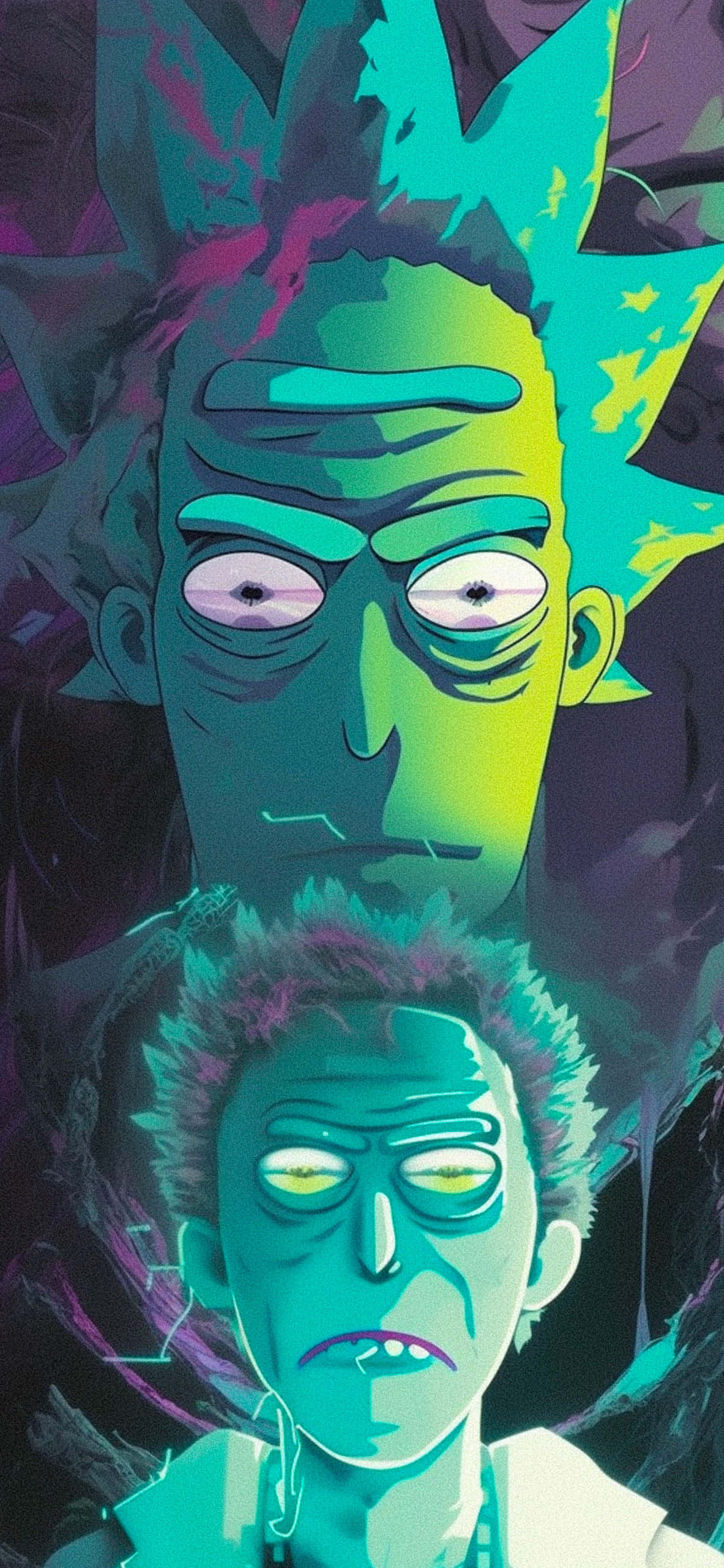 Rick And Morty, glowing eyes, spiky hair, 2K Phone Wallpaper