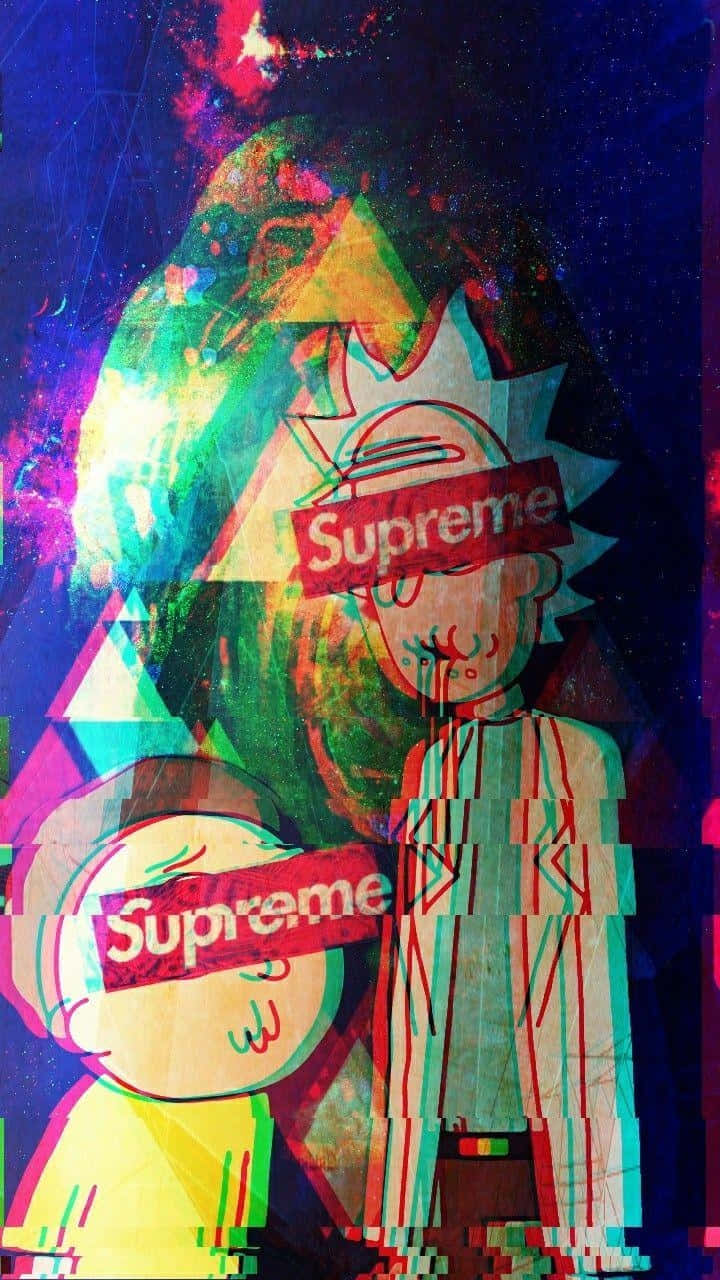 Rick And Morty Supreme, Supreme logos, glitchy cosmic background, HD Phone Wallpaper