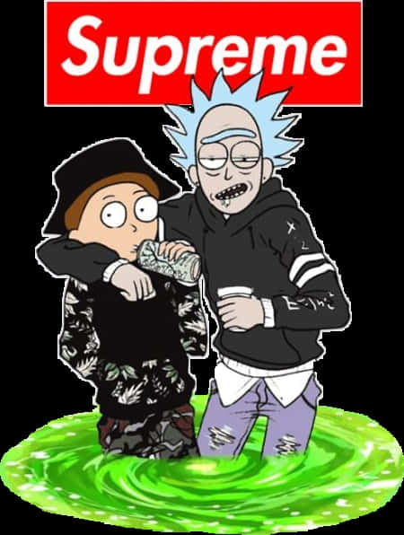 Rick And Morty Supreme, green portal, red Supreme logo, SD Phone Wallpaper