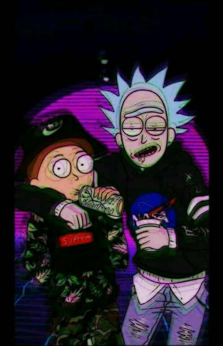 Rick And Morty, neon-lit cyberpunk style, glowing purple background, SD Phone Wallpaper