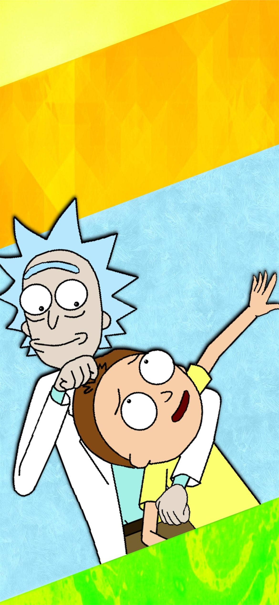 Rick And Morty, vibrant geometric background, bold yellow blue and green stripes, Full HD Phone Wallpaper