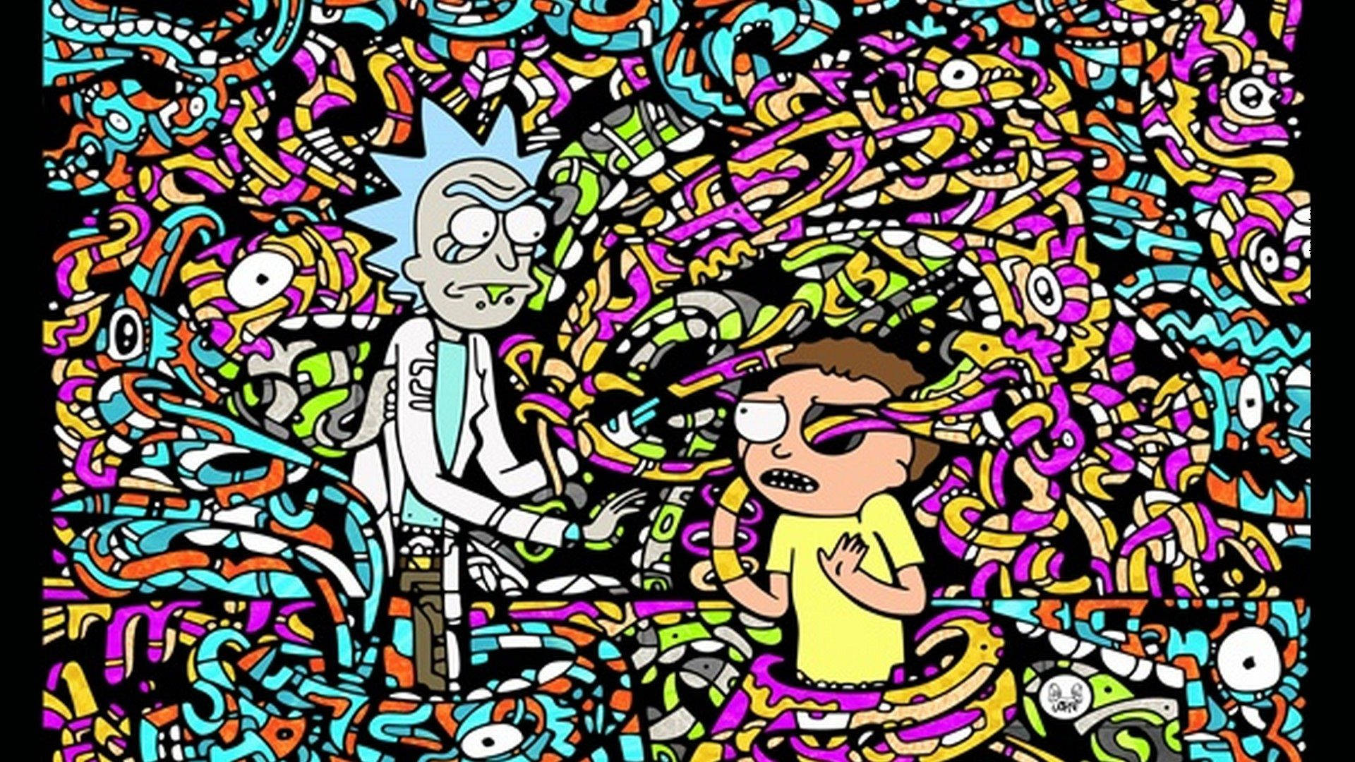 Rick And Morty, psychedelic, cartoonish doodles, Full HD Desktop Wallpaper