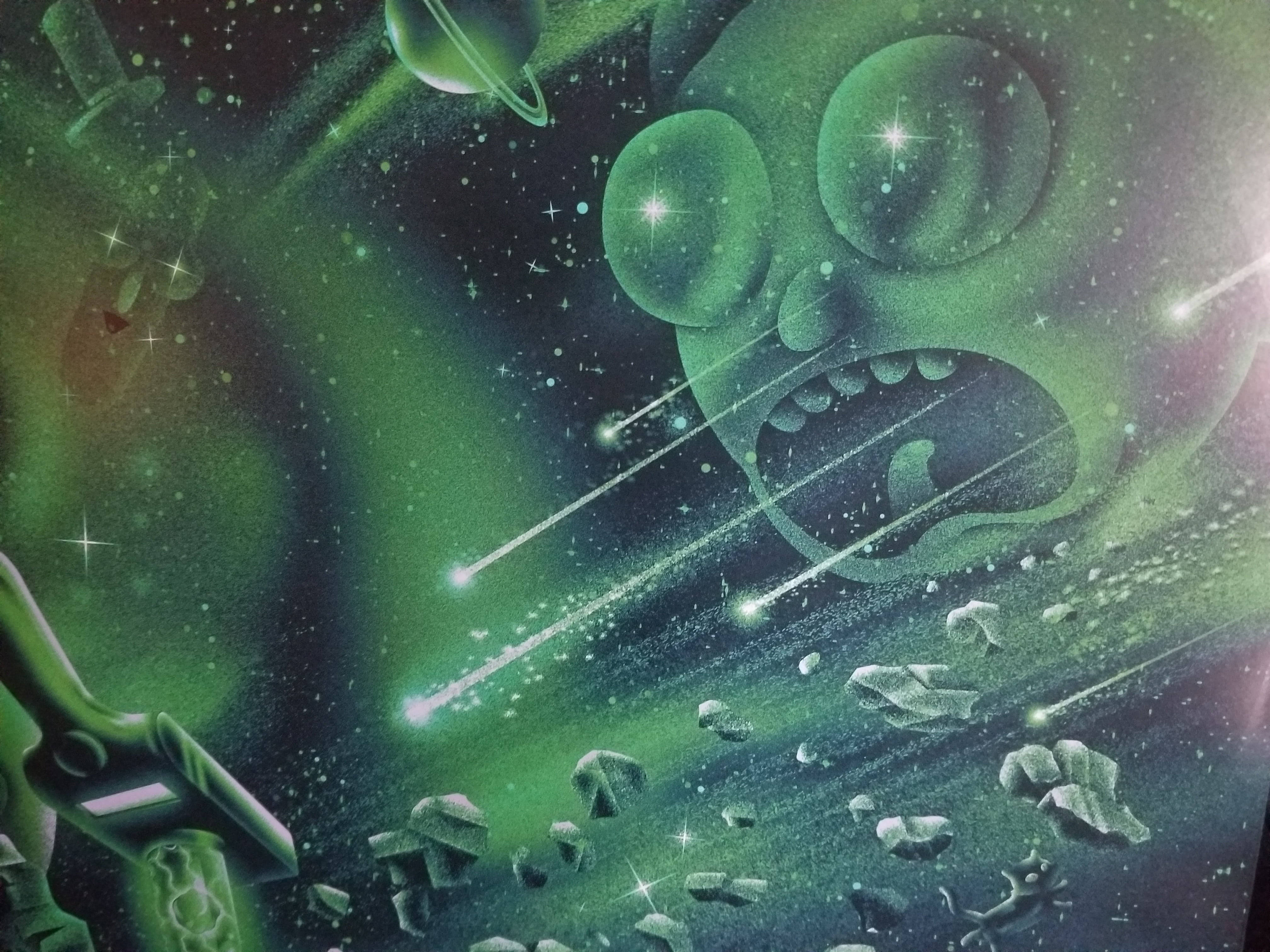 Green Rick And Morty Trippy Space Background, giant green alien face, glowing eyes, 4K Desktop Wallpaper
