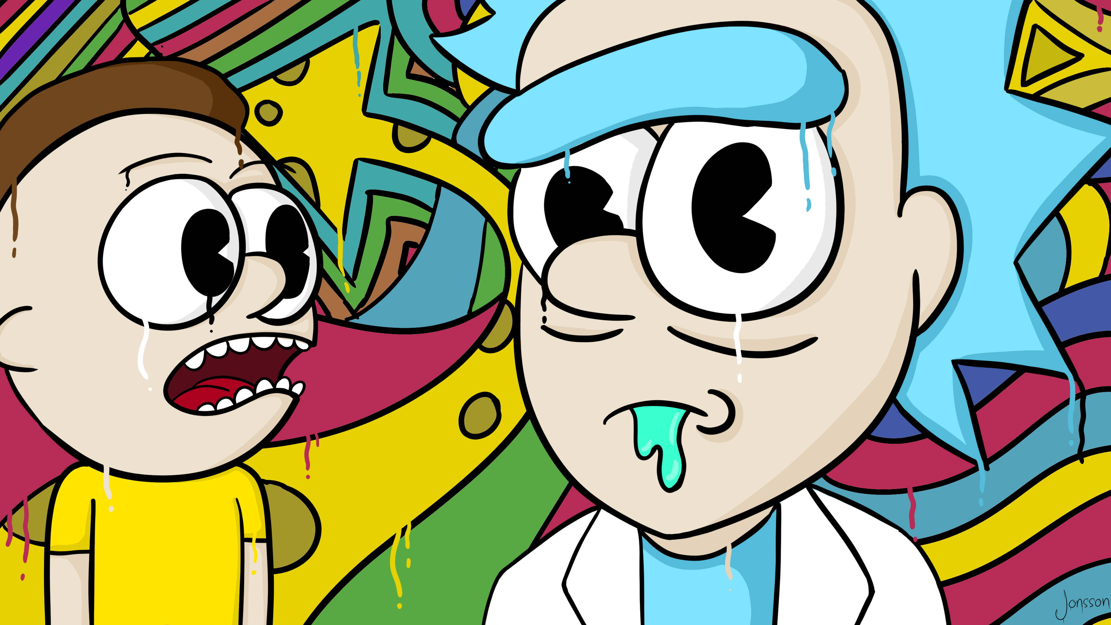 Rick And Morty, cool doodle art, vibrant graffiti-style background, 4K Desktop Wallpaper