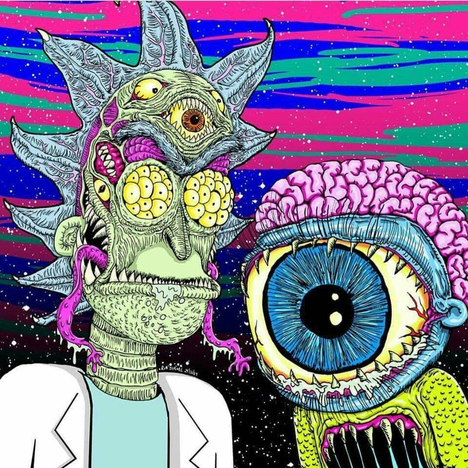 Rick And Morty, psychedelic cosmic background, grotesque alien creatures, SD Desktop Wallpaper