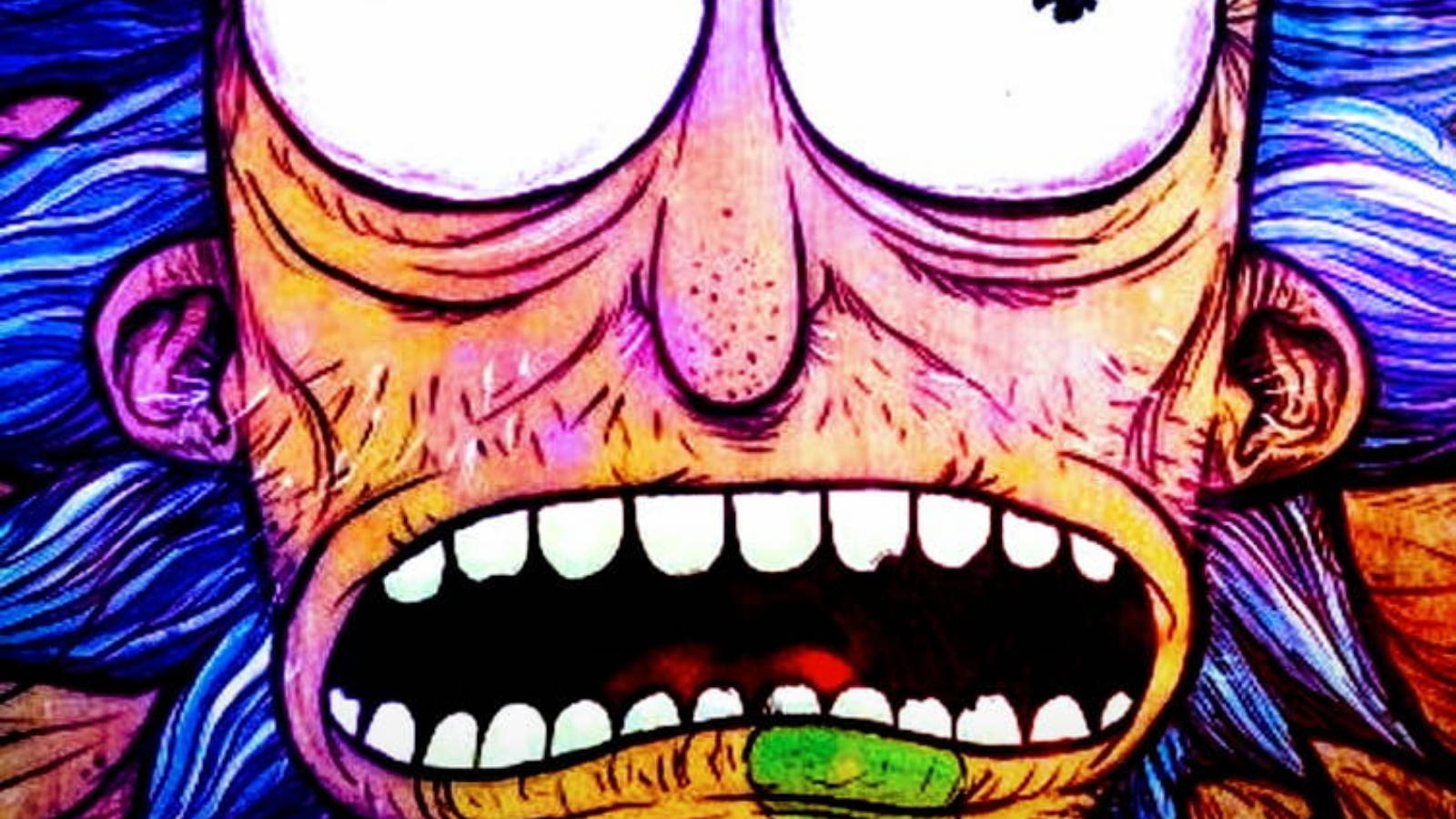 Rick And Morty, wild blue hair, wide screaming mouth, HD Desktop Wallpaper