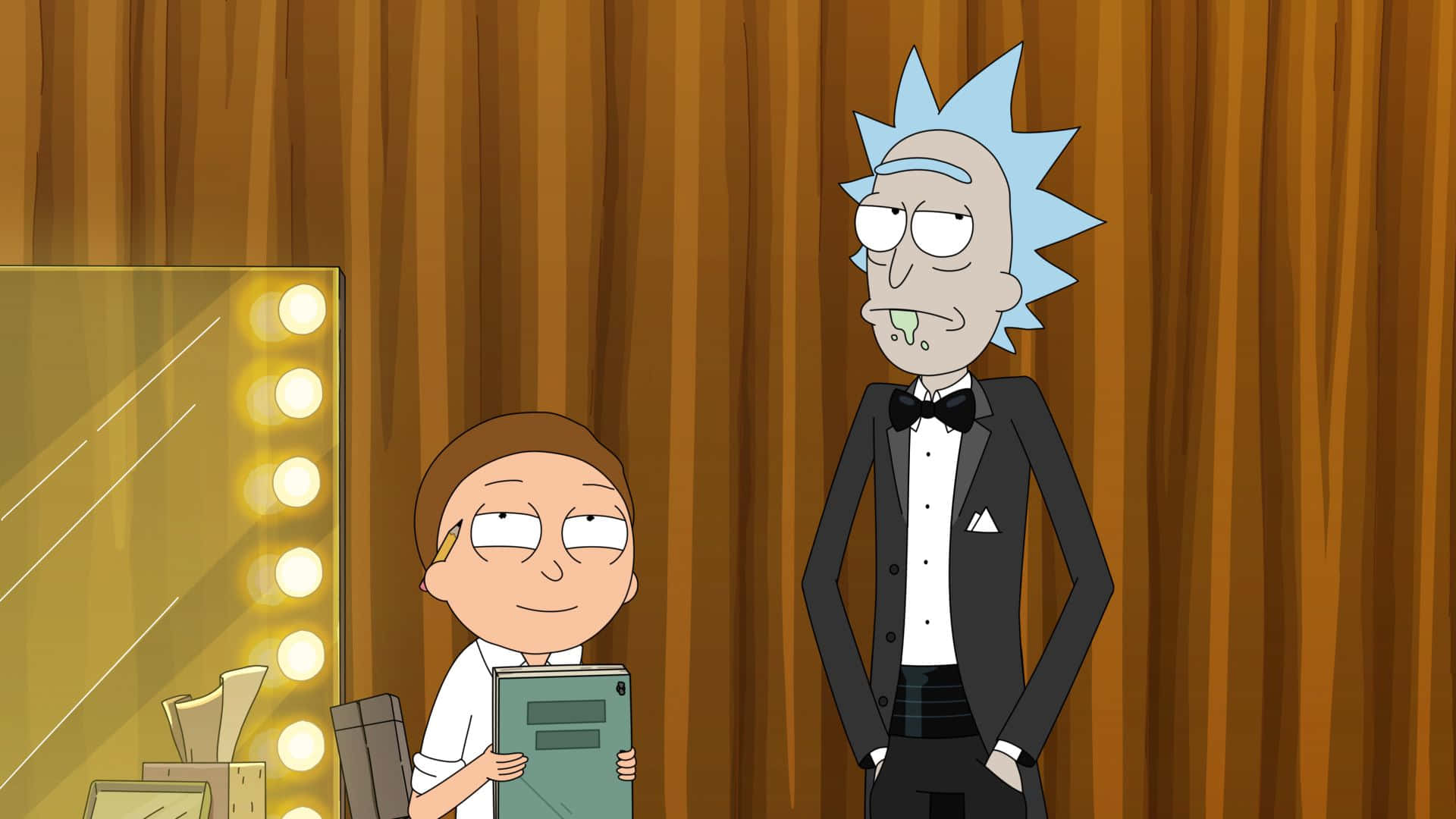 Rick And Morty, backstage dressing room, lit mirror, Full HD Desktop Wallpaper