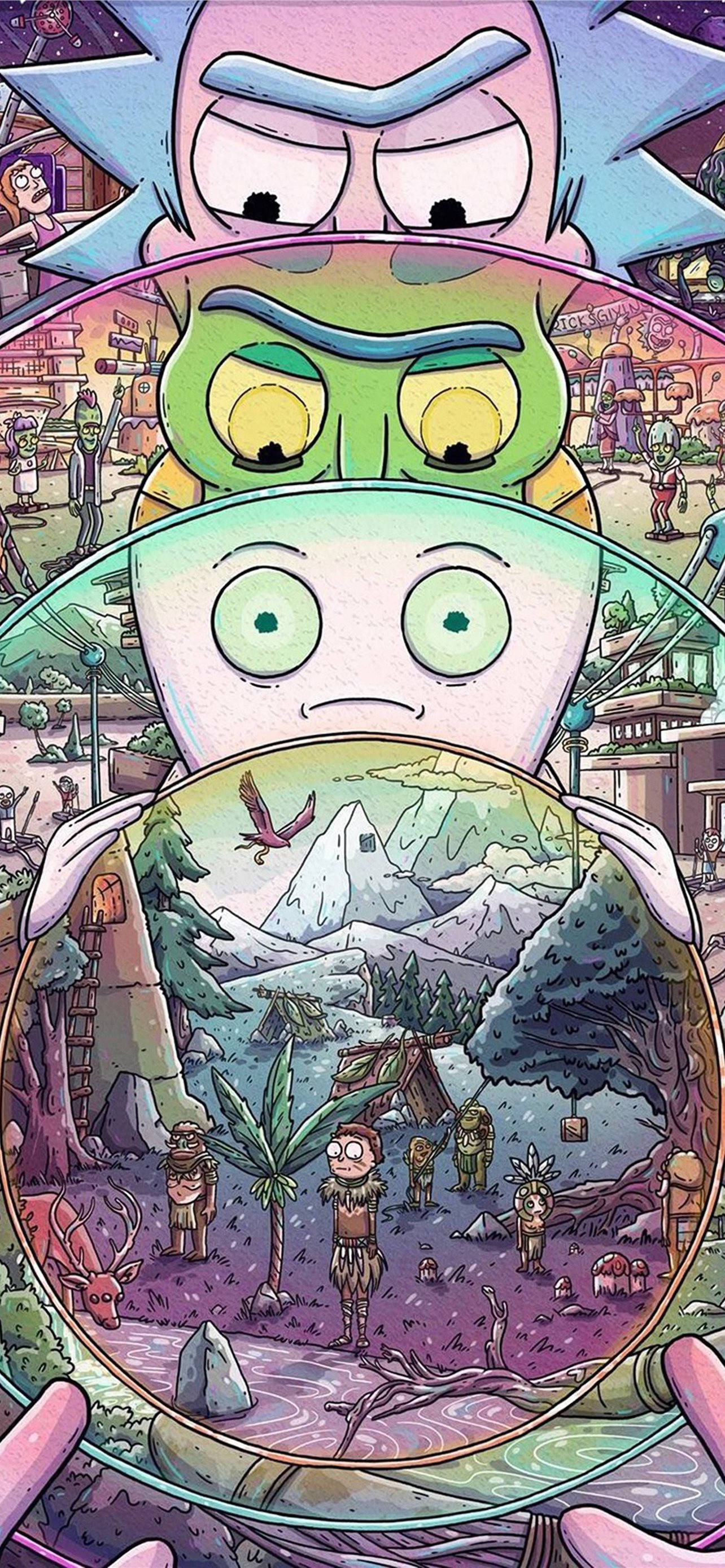Rick And Morty, cartoon characters, circular portal, 2K Phone Wallpaper
