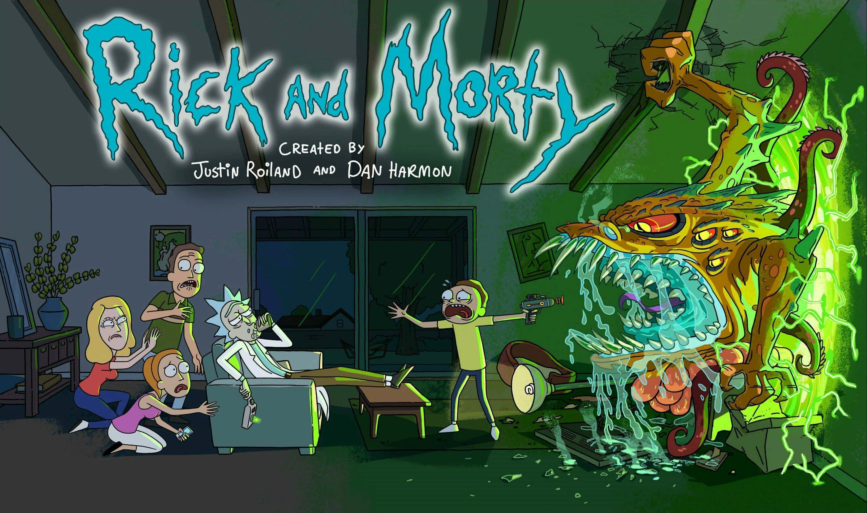 Rick And Morty, green alien, burst through the wall, 2K Desktop Wallpaper