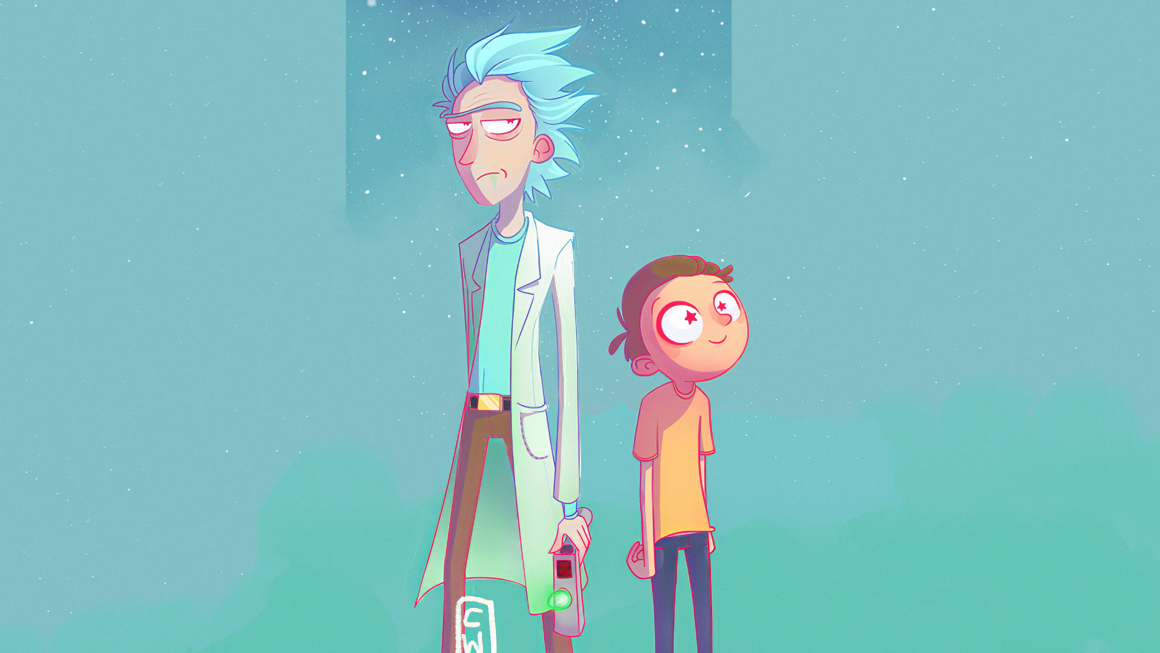 Rick And Morty, teal green, starry backdrop, 4K Desktop Wallpaper