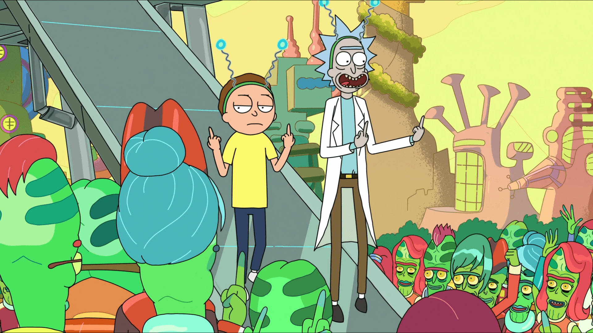 Rick and Morty, bridge, alien crowds, Full HD Desktop Wallpaper