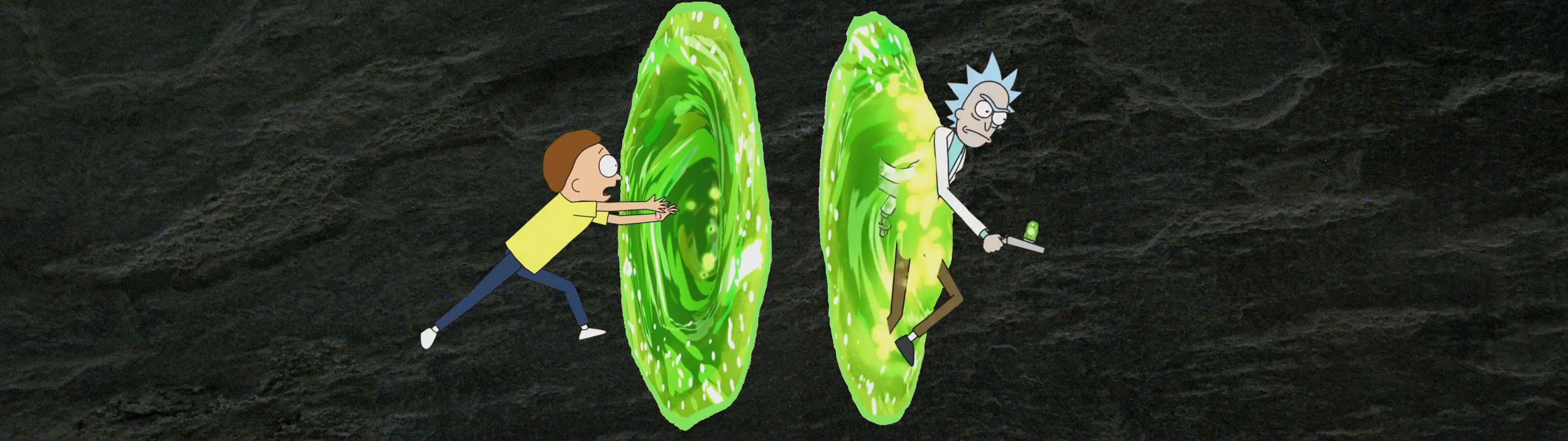 Rick And Morty, glowing green portals, dark rocky backdrop, 4K Desktop Wallpaper
