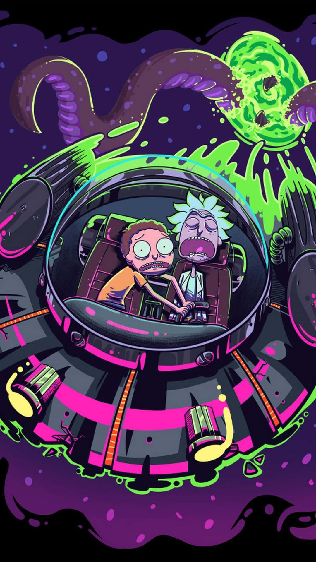 Rick And Morty, spaceship, giant green alien brain, Full HD Phone Wallpaper