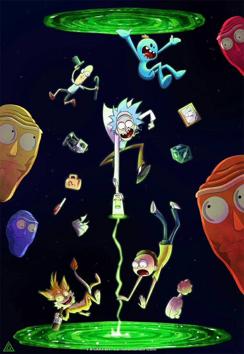 Rick And Morty, glowing green portals, starry space backdrop, SD Phone Wallpaper