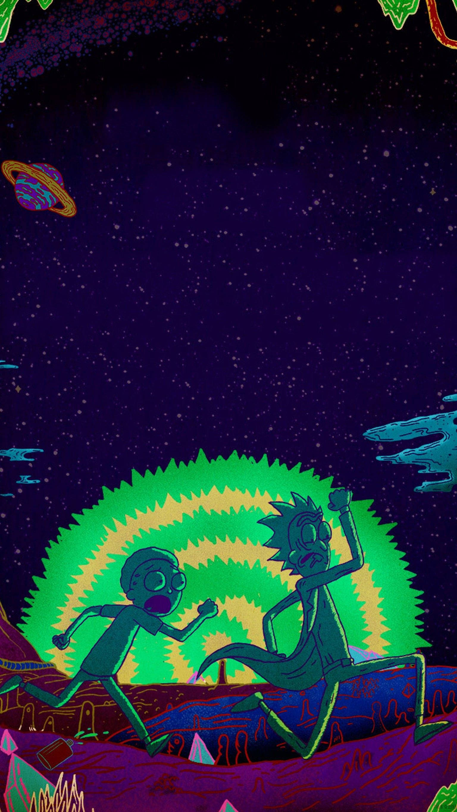 Rick And Morty, surreal alien planet, starry purple sky, 2K Phone Wallpaper