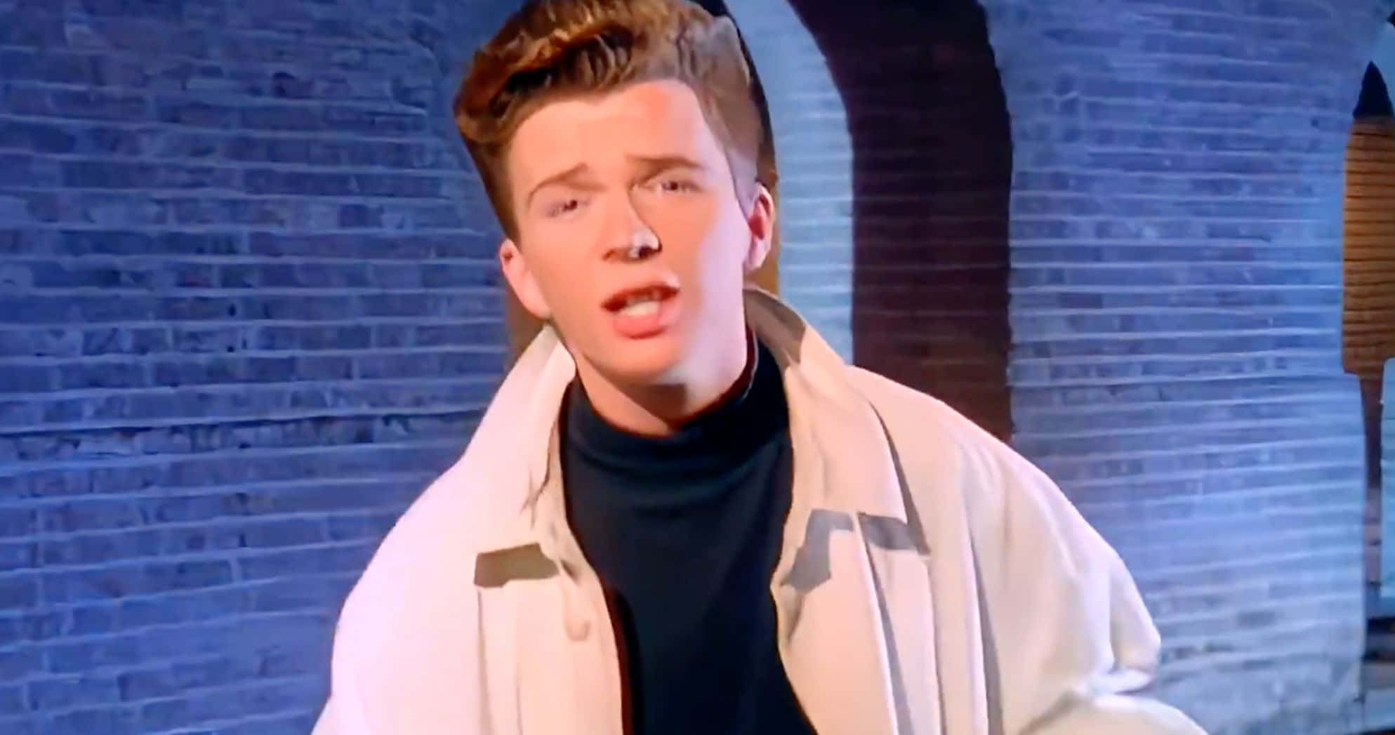 Rick Astley, white jacket, black turtleneck, Full HD Desktop Wallpaper