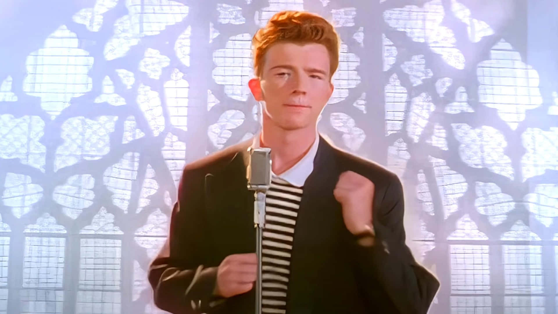 Rick Astley, vintage microphone, glowing stained glass window, Full HD Desktop Wallpaper