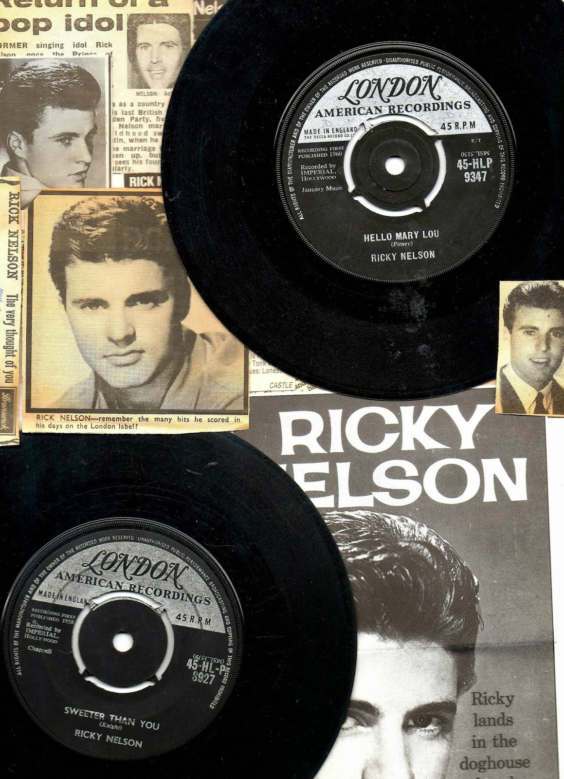 Rick Nelson, vinyl records, newspaper clippings, HD Phone Wallpaper