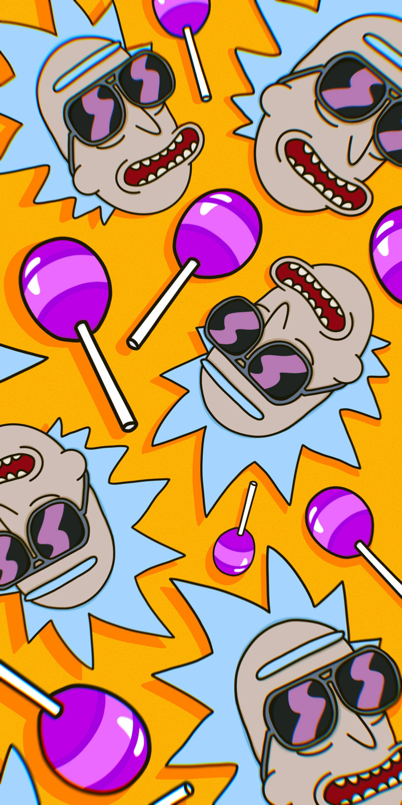 Rick Sanchez, purple lollipops, sunglasses, 2K Phone Wallpaper