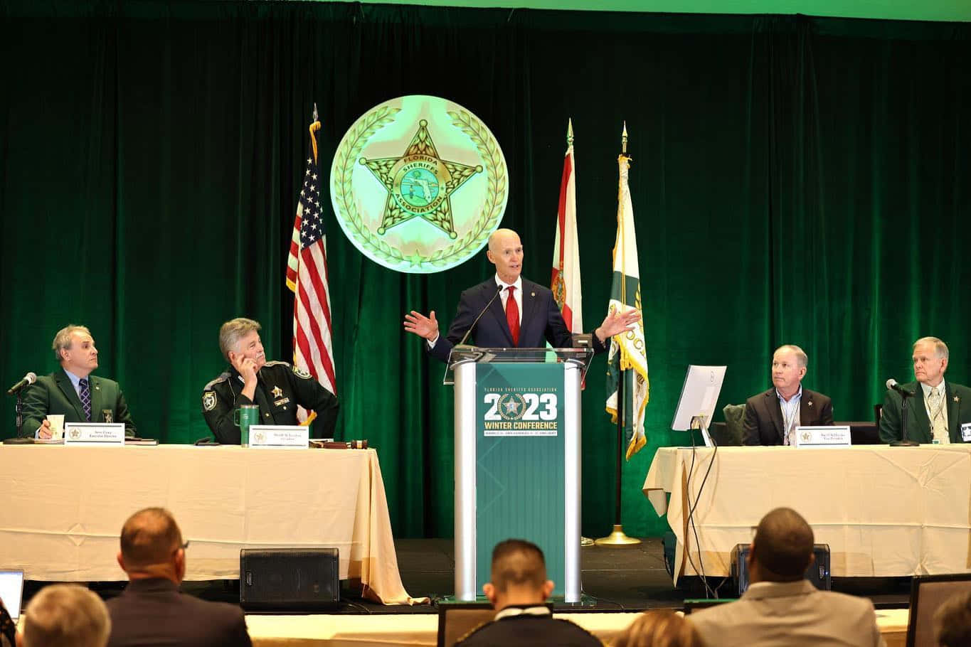 Rick Scott, podium, formal conference, HD Desktop Wallpaper